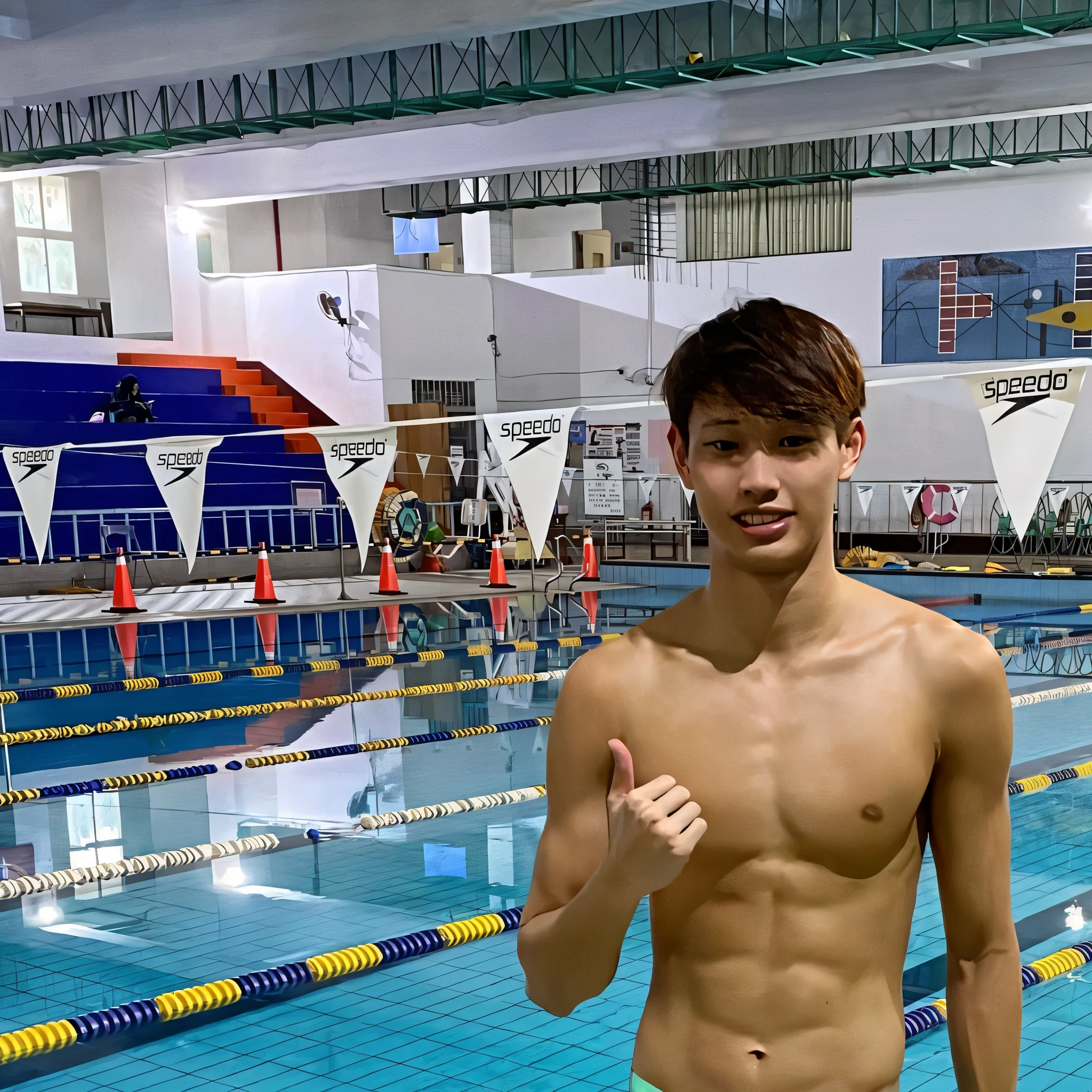 there is a man standing in front of a swimming pool, 155 cm tall, yanjun chengt, 165 cm tall, prefect body, thawan duchanee, steve zheng, wenjun lin, xintong chen, yihao ren, gofl course and swimming, wenfei ye, cai xukun, leng jun, he is  with large