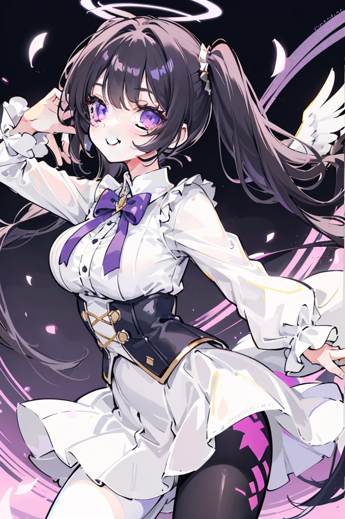 solo, dynamic pose, bust up, flying, white skirt, white pantyhose black hair, twintails, white skirt, corset, halo, delicate face, little girl, medium breast, round eyes, wing on the waist, purple eyes, god ray, smile with grin, happy