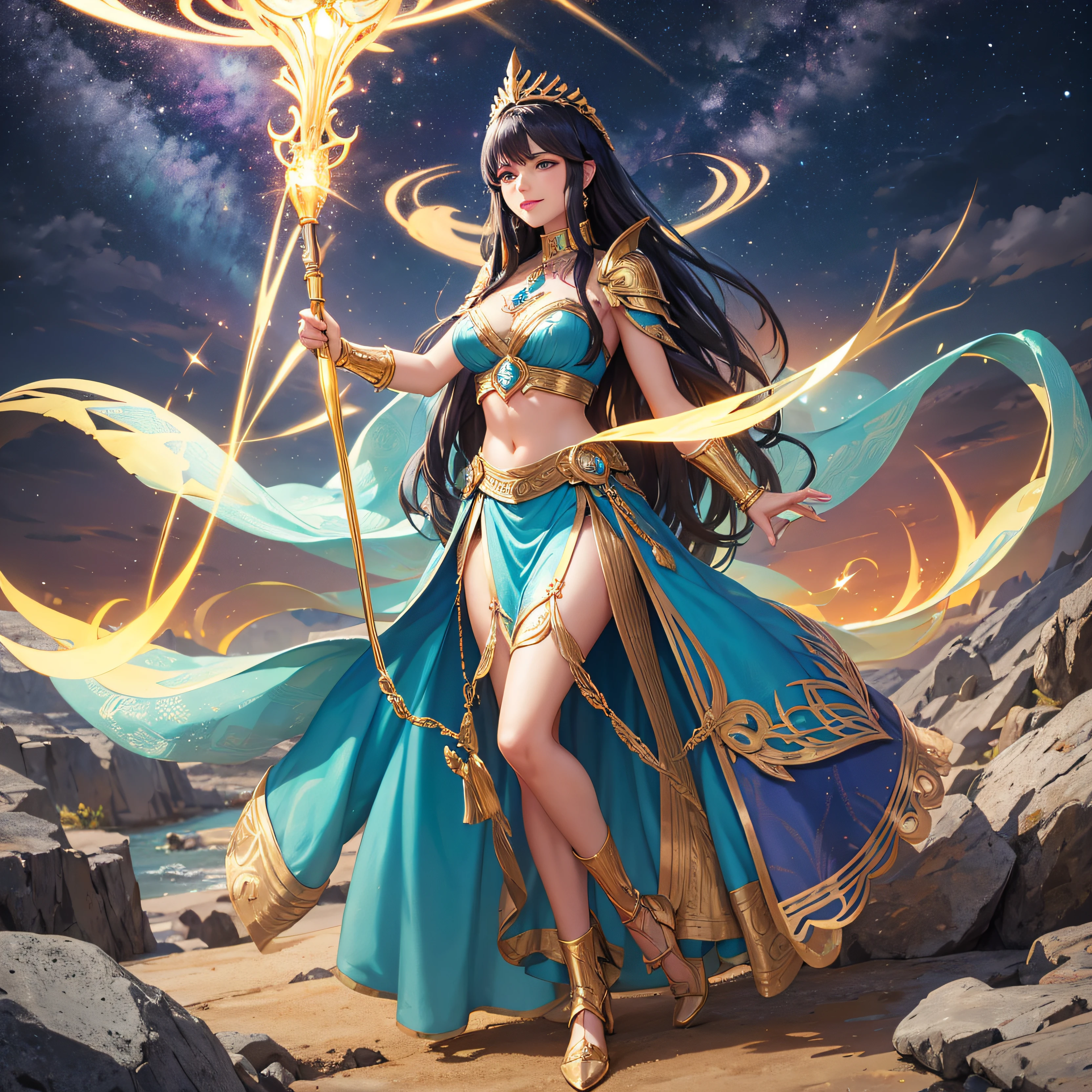 mujer valkiria exuberante y espectacular, ser de mitologia fantastica, se encuentra en el palacio de asgard, rodeada de tecnoligia y maquinarias iimpresionantes, donde abundan el oro, la plata , las piedras preciosas de diferentes colores y los diamantes, en un entorno de fantasia, (hiperrealista: detalles intrincados realistas), sonriente: sensual feature, (textura y entorno bien detallados, Pure perfect lighting).