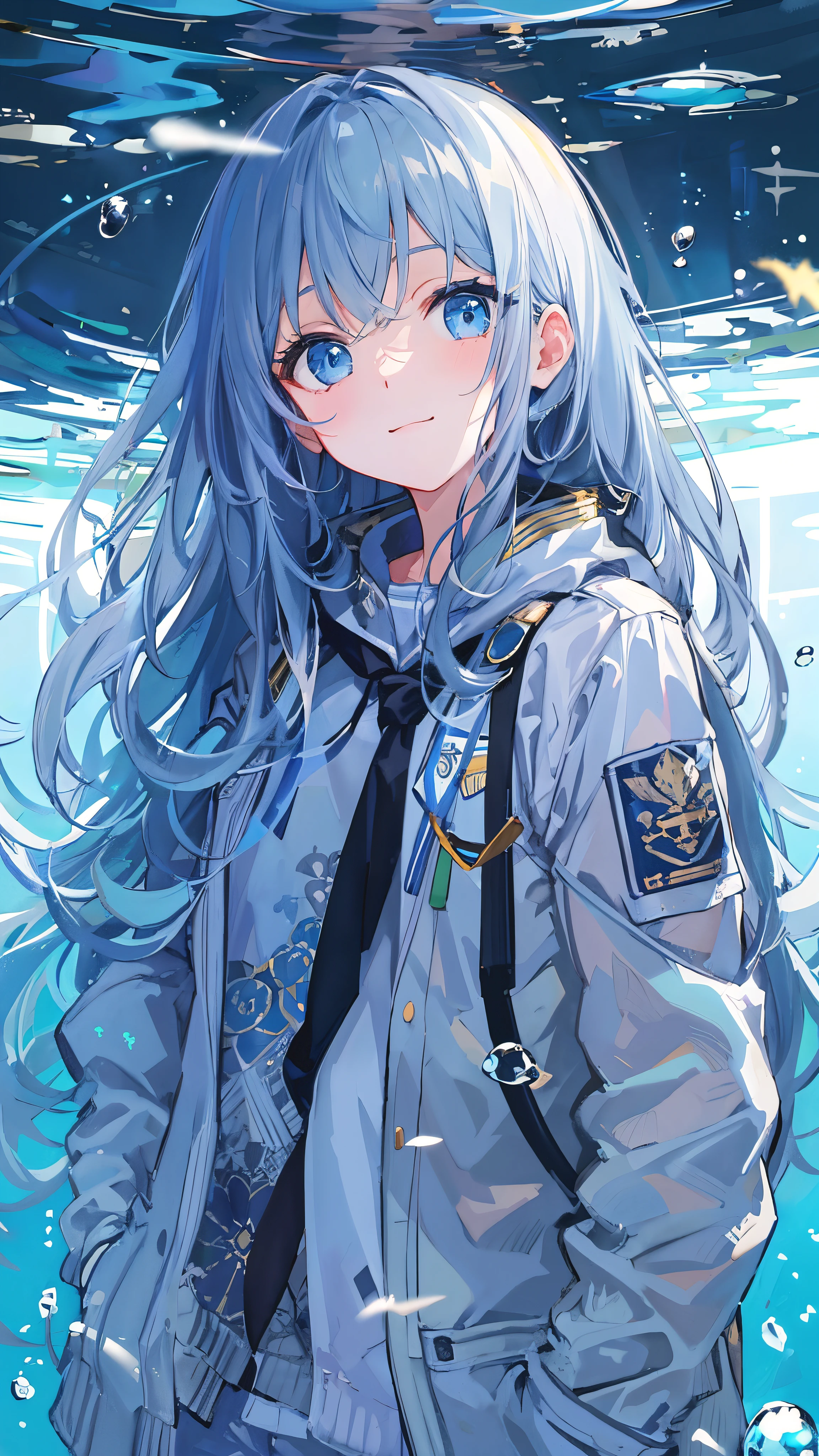 ((top-quality)), ((​masterpiece)), ((ultra-detailliert)), (Extremely delicate and beautiful), girl with, 独奏, cold attitude,((Black jacket)),She is very(relax)with  the(Settled down)Looks,depth of fields,Evil smile,Bubble, under the water, Air bubble,Underwater world bright light blue eyes,inner color with bright gray hair and light blue tips,,,,,,,,,,,,,,,,,Cold background,Bob Hair - Linear Art, shortpants、knee high socks、White uniform like school uniform、Light blue ribbon ties、Clothes are sheer、Hands in pockets、Bright eyes like sapphire,Fronllesse Blue, A small blue light was floating、fantastic eyes、selfy,Self-shot