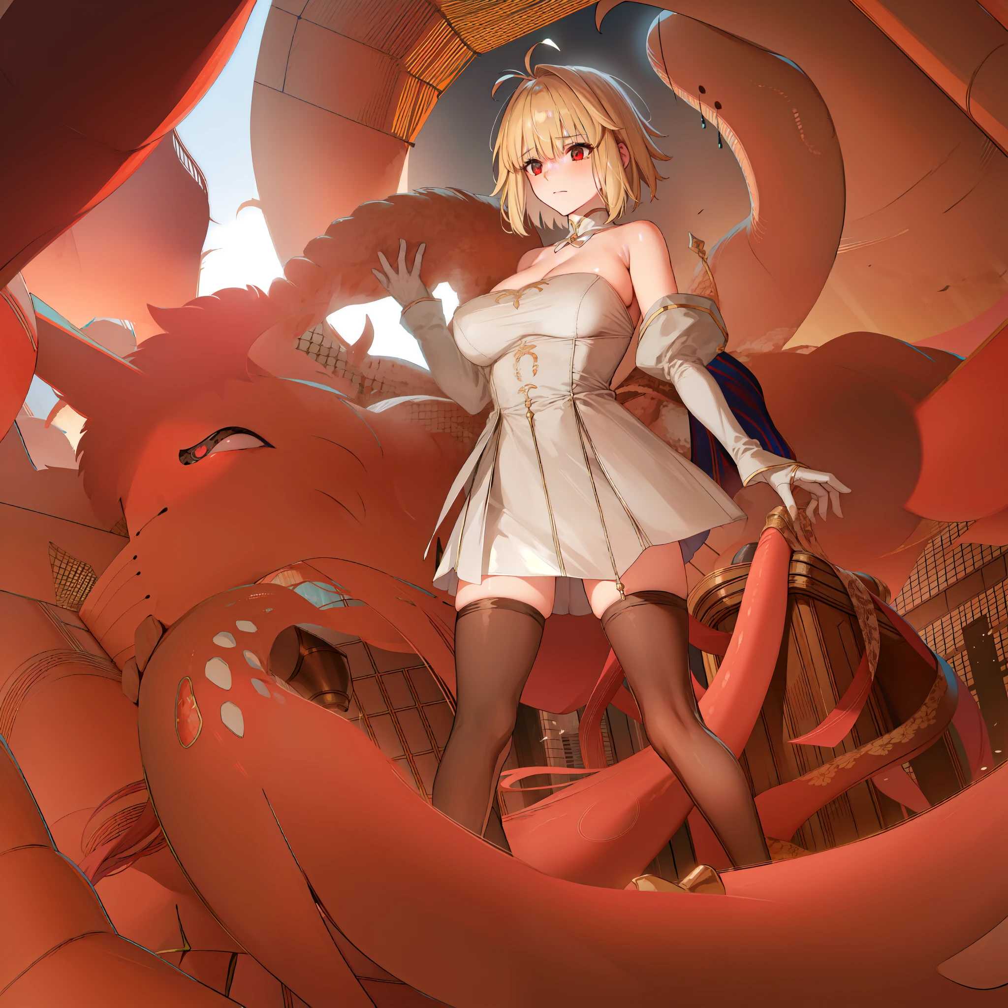 Takashi Takeuchi style, ((1girl:1.4)), (solo:1.4), arcueid \(tsukihime\), archetype earth \(hime\), (tightly restrained:1.6), bare shoulders, blush, breasts, cleavage, detached collar, detached sleeves, two-tone strapless sleeveless hime white shortest dress, field, flower, flower field, full moon, gloves, large breasts, looking at viewer, moon, night, night sky, petals, sky, annoyed, solo, white gloves, (standing:1.4), fullbody, white panties