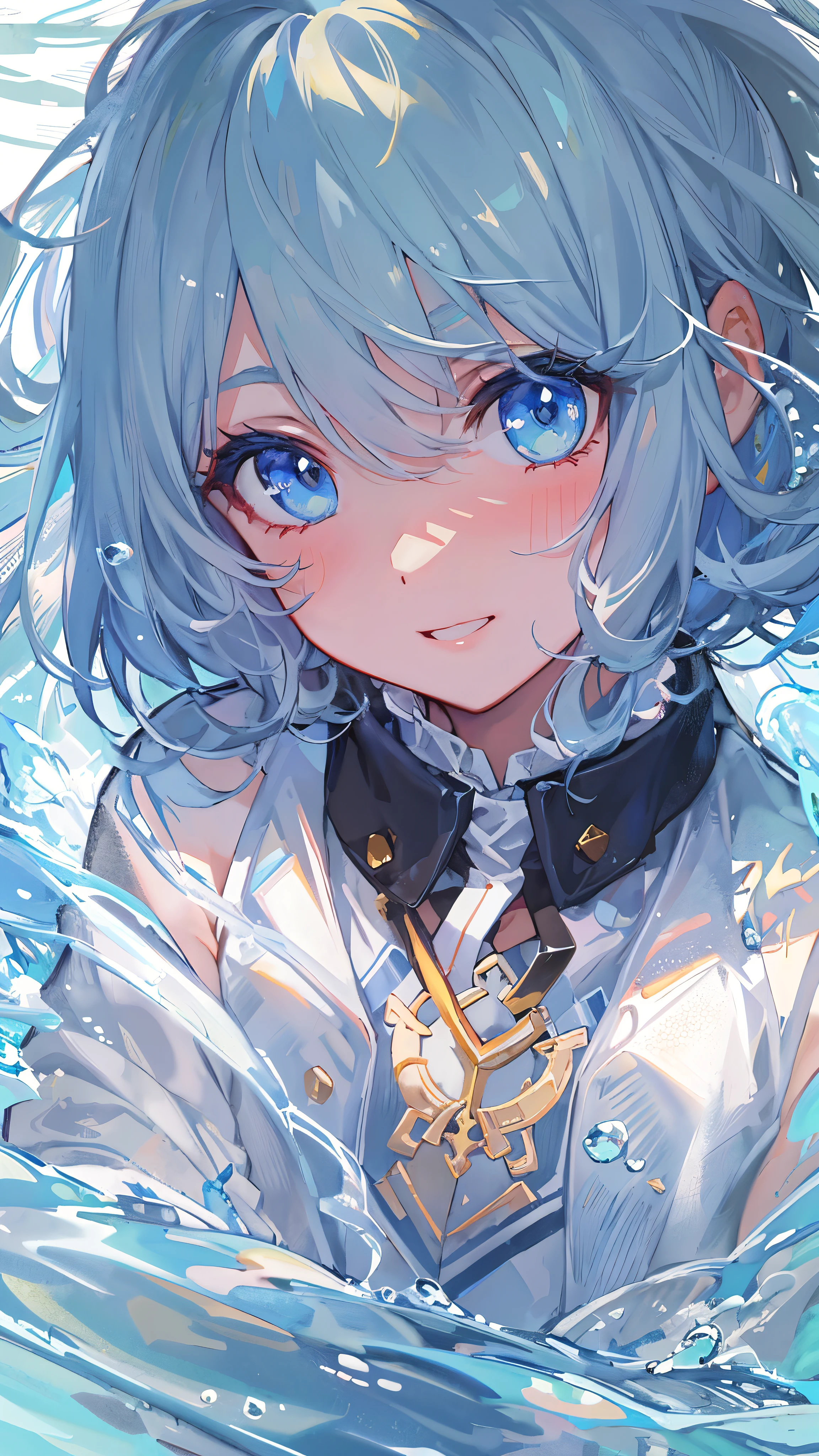 ((top-quality)), ((​masterpiece)), ((ultra-detailliert)), (Extremely delicate and beautiful), girl with, 独奏, cold attitude,((Black jacket)),She is very(relax)with  the(Settled down)Looks,depth of fields,Evil smile,Bubble, under the water, Air bubble,Underwater world bright light blue eyes,inner color with bright gray hair and light blue tips,,,,,,,,,,,,,,,,,Cold background,Bob Hair - Linear Art, shortpants、knee high socks、White uniform like school uniform、Light blue ribbon ties、Clothes are sheer、Hands in pockets、Bright eyes like sapphire,Fronllesse Blue, A small blue light was floating、fantastic eyes、selfy,Self-shot