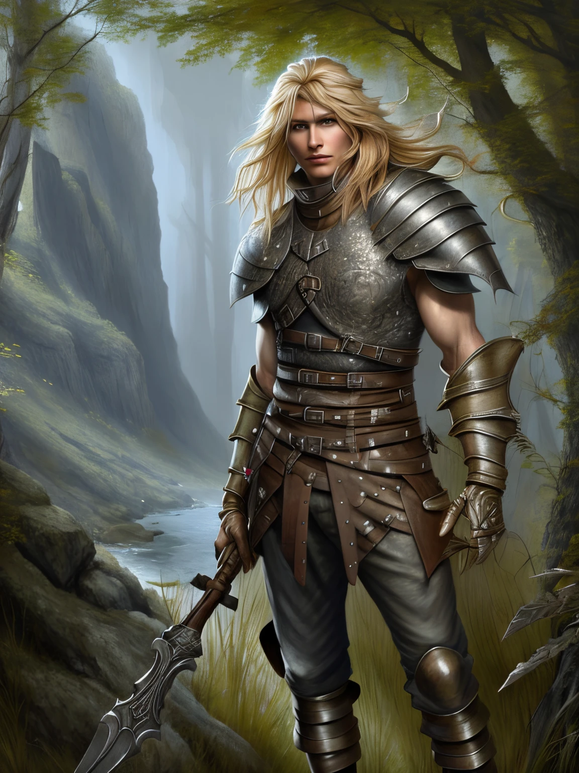 Warrior holding spear in forest, Blonde male warrior, Male blond barbarian, Epic Warrior, Fantasy card game art, epic fantasy card game art, Portrait of a warrior, greatest warrior, epic fantasy card game art, tyler edlin fantasy art, Guild Wars artwork,Wearing armor,年轻,Shot in 16K resolution, A high resolution, Anatomically realistic digital painting, Very detailed skin,,Stood up,Full body like,No beard,the detail