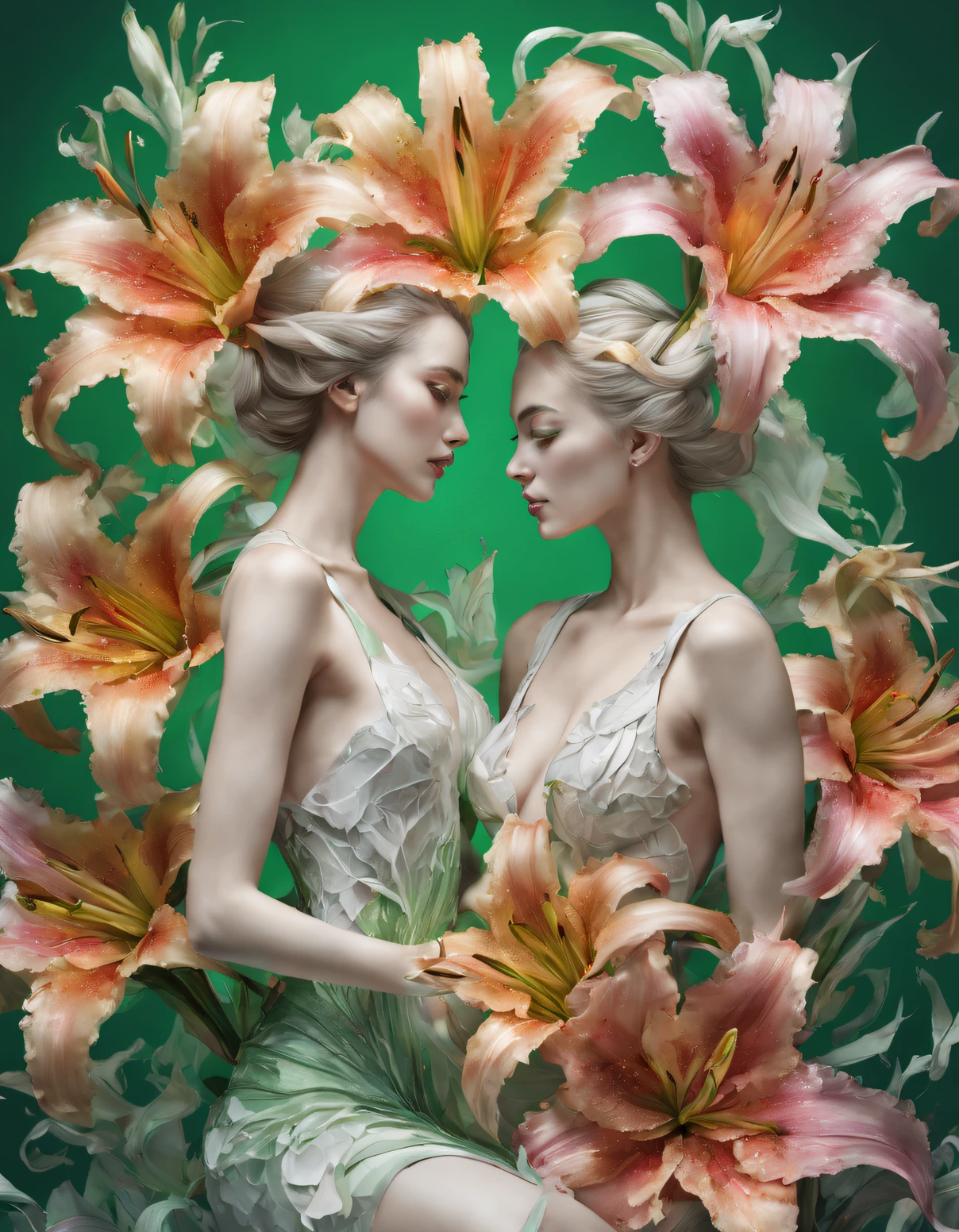 double contact，An explosion of rainbow-colored translucent lilies，（the lilies：1.37）realistic female body，Rendered by Octane，unreal-engine，Rococo paper cutting，green and white watercolor，