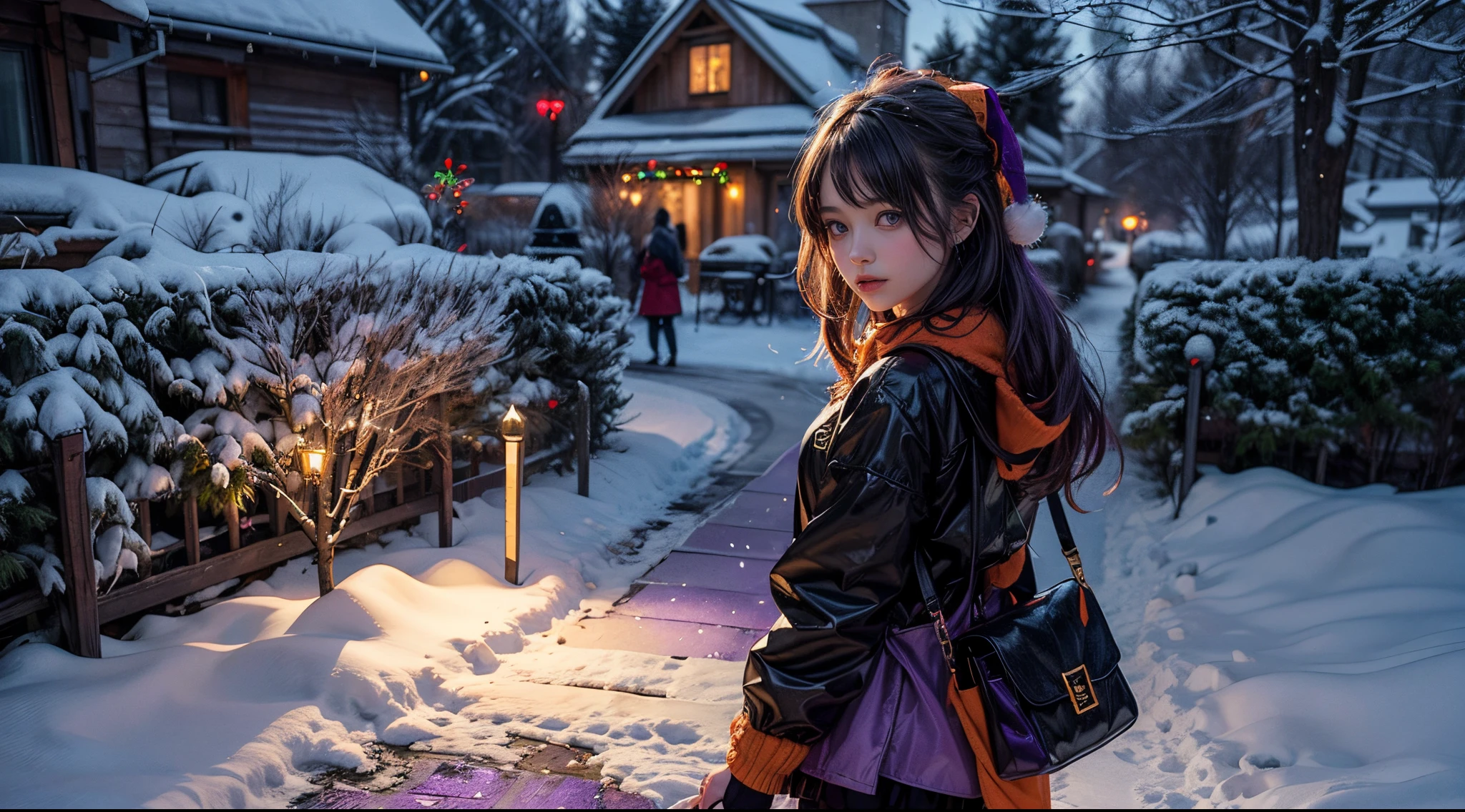 (8K, Raw photo, Best Quality, masutepiece:1.2), a Gril with sexy noel clothes, (Christmas Scene:1.5) Illuminated by a unique palette, Dominant Shade (Black:1.7), Bright pop of (orange:1.6), And a mysterious undertone (Purple:1.6). Silhouette of pine trees against the background of deep twilight sky, Orange light shimmers on the branches. (Purple snowflakes fall gently:1.3), A gift wrapped in a blend of these colors under the tree, Add a festive twist to a traditional holiday.