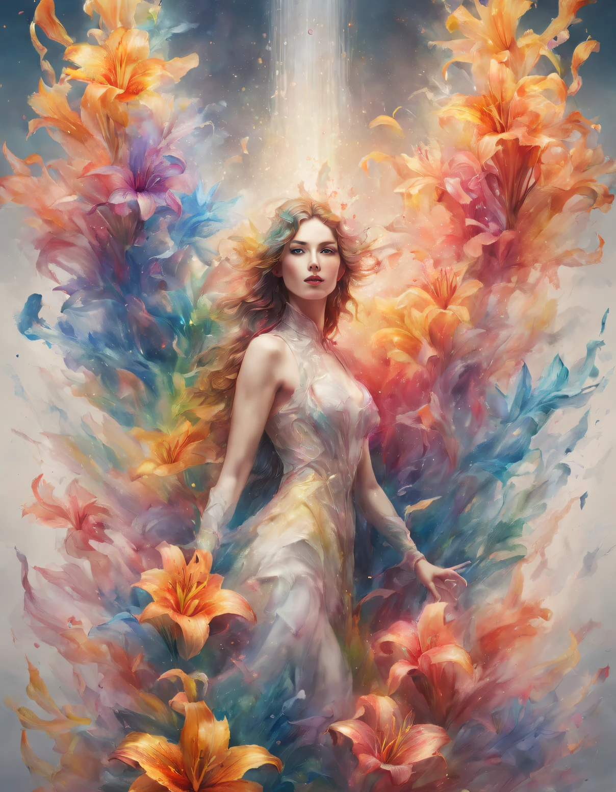 double contact，An explosion of rainbow-colored translucent lilies，Realistic girl，（the lilies：1.1）Rendered by Octane，unreal-engine，Rococo paper cutting，aquarelle，