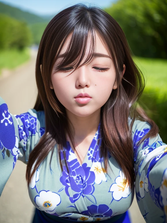 ((Upper body)), masutepiece, of the highest quality, High resolution, Solo,25 years old, Beautiful japanese girl, Small breasts, (I have one small mole under my eye),((Plump lips)),(floral pattern yukata:1.25), ((eyes visible through hair)),(Bring your arms forward), ((Kiss Face)), Close eyes,Scared