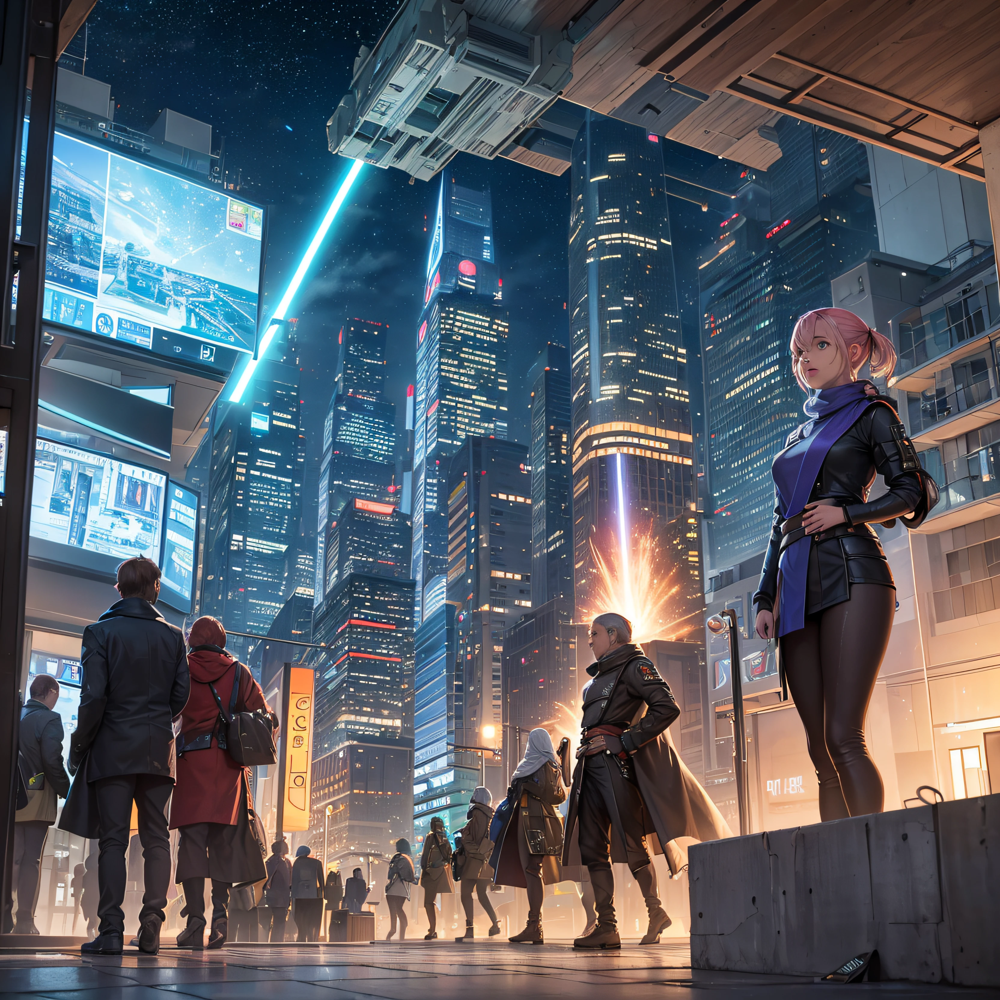 (The city of Coruscant from Star Wars as designed by Doug Chiang), futuristic fantasy city with immense buildings of technological design (que forman una avenida infinita), edificios compactor no difuminados con aspecto metalico, luces en ventanas en edificios, iluminacion diurna con sol, con estructuras acristaladas espectaculares, (con colores vivos). pavimento ensolado (sin brillo). gente paseando. imagen bien definida con muchos edificios juntos. imagen nitida bien definida 8k. los edificios llegan alta el fondo.,8k. imagen cinematografica, (textura y entorno bien detallados, Pure perfect lighting)