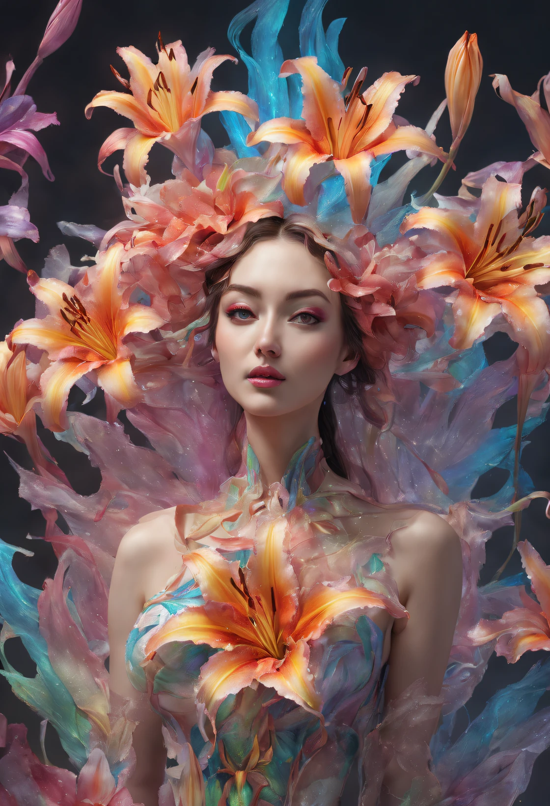 A Woman in an Explosion of Translucent Lilies with the Colors of the Rainbow, ((Realistic Female Body)),Rendered by Octane,Unreal Engine,Rococo Paper Cut,Green and White Watercolor