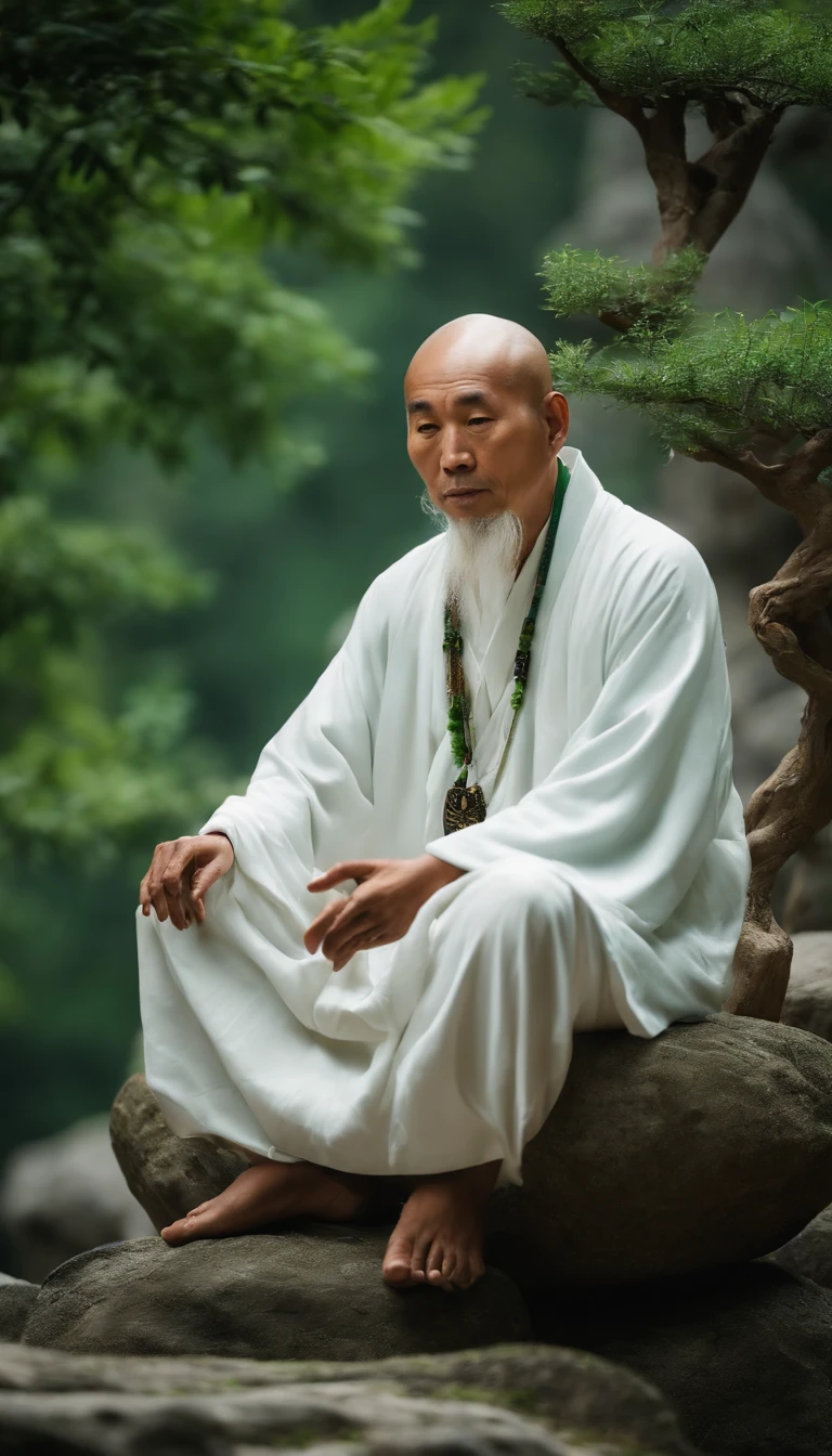 Taoist priest with immortal demeanor,Sitting on the stone in white clothes,Green background