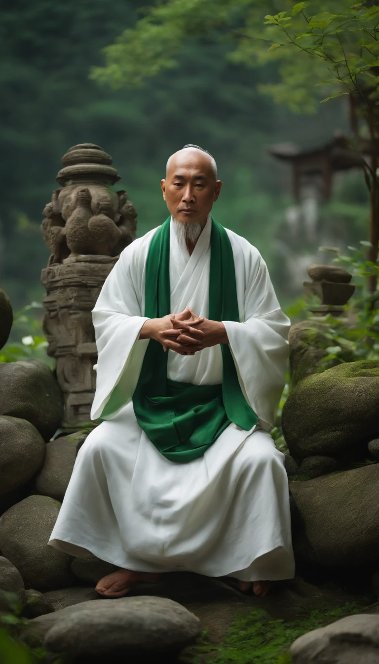 Taoist priest with immortal demeanor,Sitting on the stone in white clothes,Green background