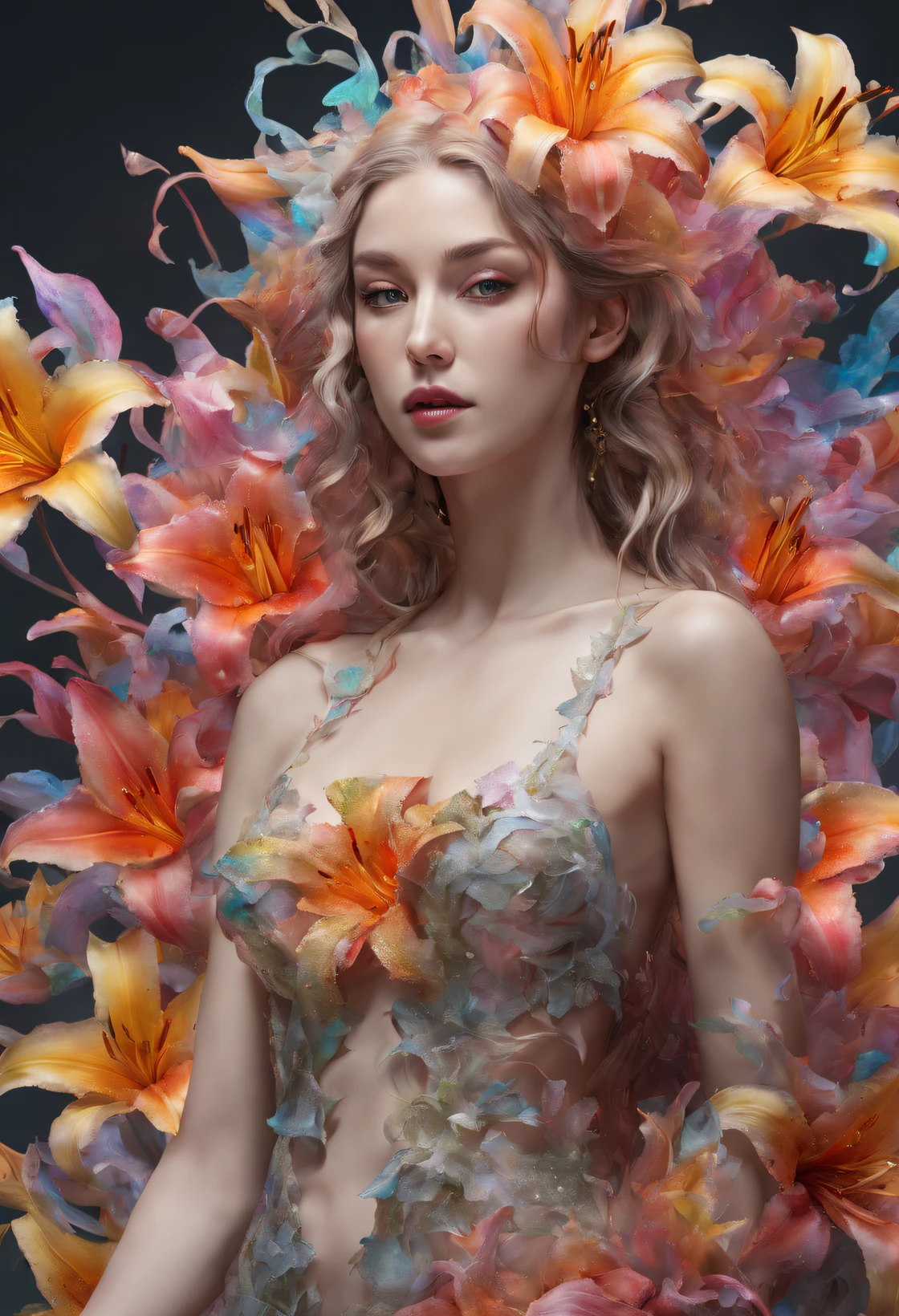 A Woman in an Explosion of Translucent Lilies with the Colors of the Rainbow, ((Realistic Female Body)),Rendered by Octane,Unreal Engine,Rococo Paper Cut,Green and White Watercolor