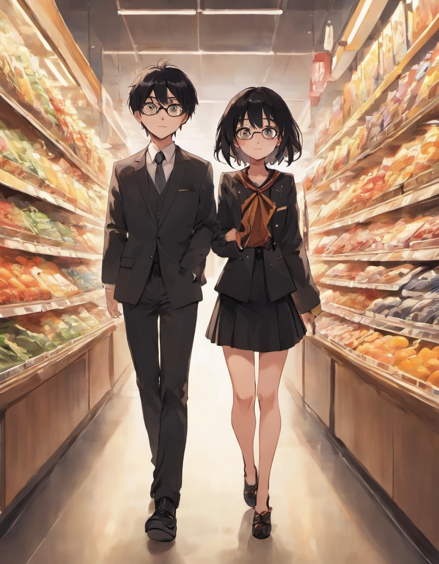 black haired boy and black haired girl with glasses and knee-length skirt shopping together in the philippines