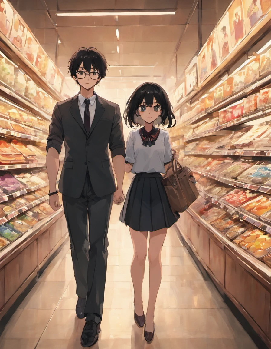 black haired boy and black haired girl with glasses and knee-length skirt shopping together in the philippines