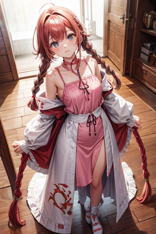 red hair, braids, pink eyes, small chest, naked