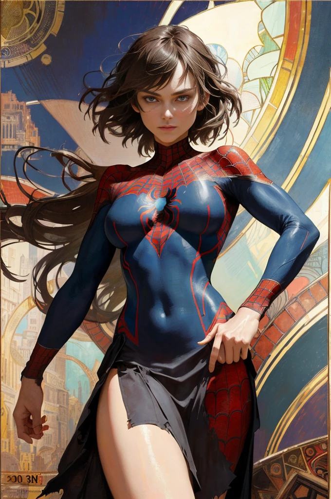 keira knightley、Sticking out the navel、newyork、She wears a torn Spider-Man suit,wearing skirt、abstract photorealistic、artistic、Alphonse Mucha's painting(​masterpiece、top-quality、hight resolution:1.4)、detaileds、intricate-detail、4K、color splashes、line-drawing、Fibonacci、