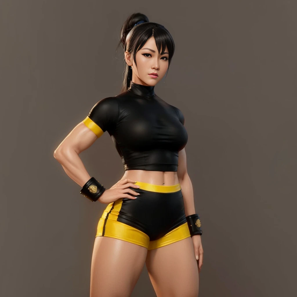 "CHUN-LI" (best quality,ultra-detalhado,Realistic:1.37),retrato,Detailed eyes and facial features,Serious expression,olhos castanhos,textura de pele delicada e suave,Corpo Perfeito