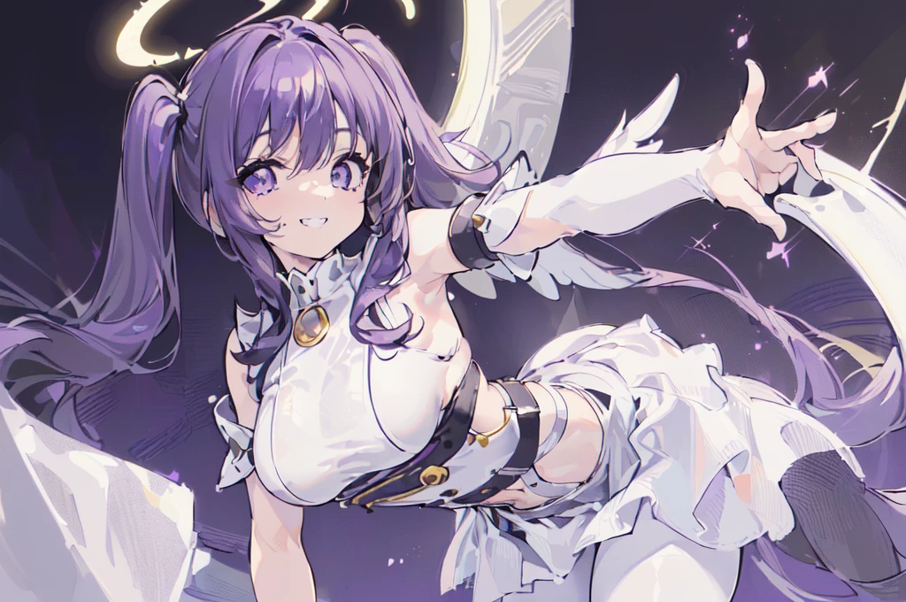 (solo, dynamic pose, bust up, flying, white skirt, white pantyhose black hair, twintails, white skirt, corset, halo, delicate face, little girl, medium breast, round eyes, wing on the waist, purple eyes, god ray, smile with grin, happy:1.4)
