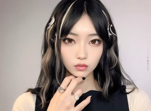 Arafat woman with black hair and white shirt taking a photo, ulzzang, She has black hair with bangs, Cruel Korean Gothic Girl, blackhair, Black hair bangs hair, Picture of Josey from Blackpink, black hair and white bangs, white hime cut hairstyle, Wavy black hair with bangs, With bangs