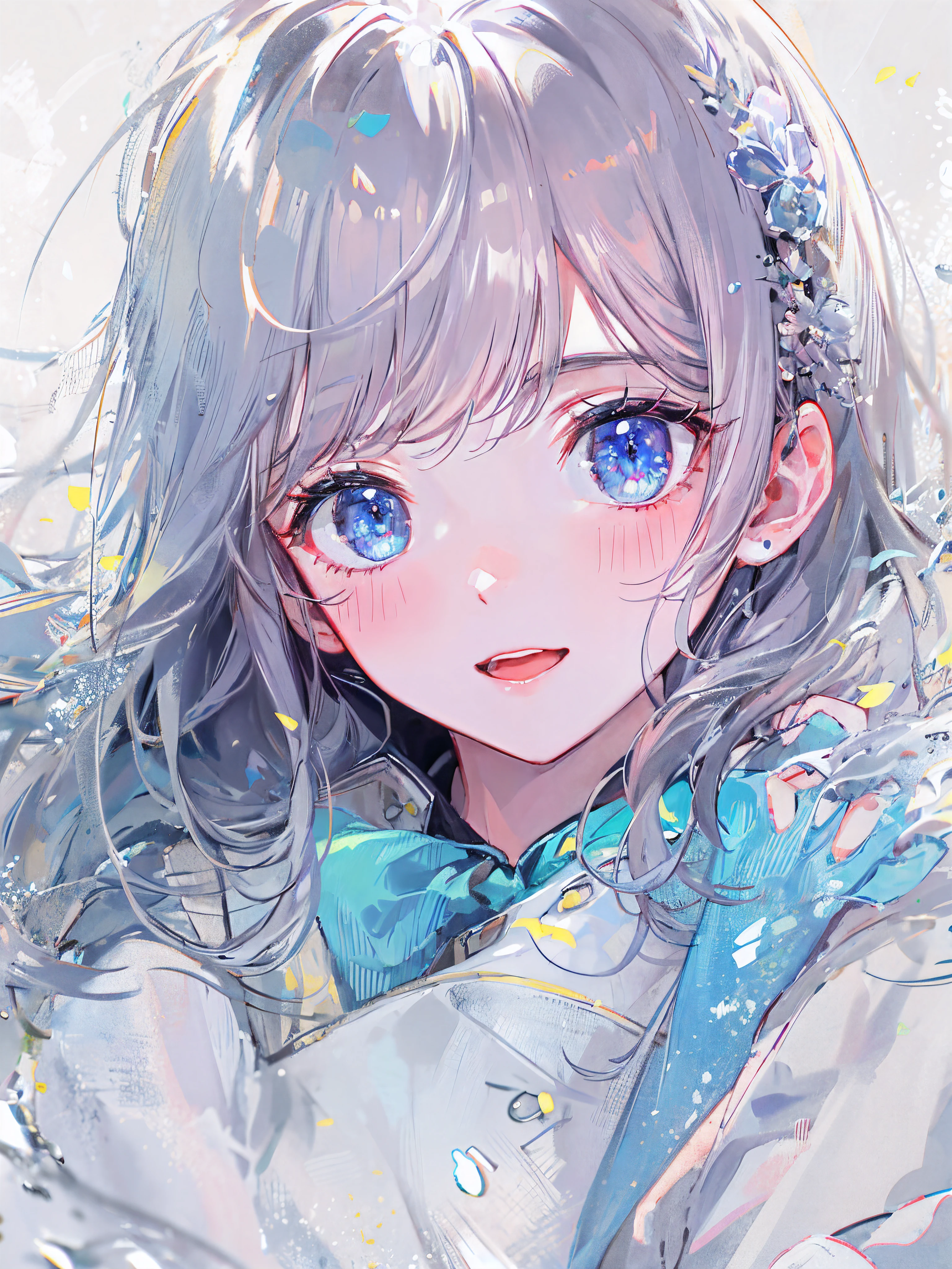 ((top-quality)), ((masterpiece)), ((ultra-detailliert)), (Extremely delicate and beautiful), girl with, 独奏, cold attitude,((Black jacket)),She is very(relax)with the(Settled down)Looks,depth of fields,Evil smile,Bubble, under the water, Air bubble,Underwater world bright light blue eyes,inner color with bright gray hair and light blue tips,,,,,,,,,,,,,,,,,Cold background,Bob Hair - Linear Art, shortpants、knee high socks、White uniform like school uniform、Light blue ribbon ties、Clothes are sheer、Hands in pockets、Bright eyes like sapphire,Fronllesse Blue, A small blue light was floating、fantastic eyes、selfy,Self-shot