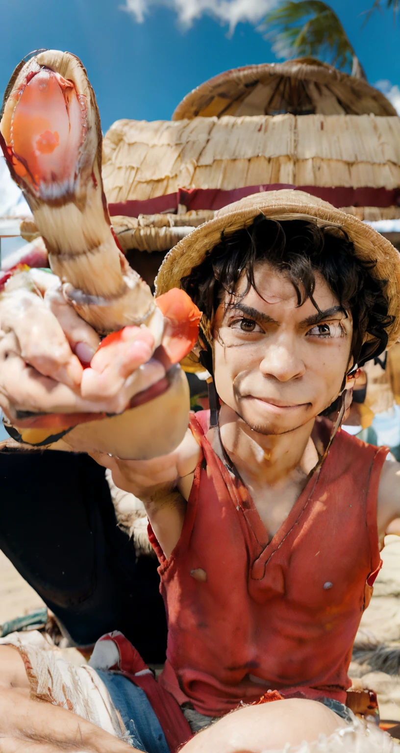 anime character with a straw hat and a red shirt on a beach, inspired by Eiichiro Oda, luffy, monkey d. luffy, eiichiro oda style, monkey d luffy, luffy (one piece, style of eiichiro oda, one piece artstyle, by Eiichiro Oda, portrait of luffy from one piece, luffy from one piece, one piece style, one piece