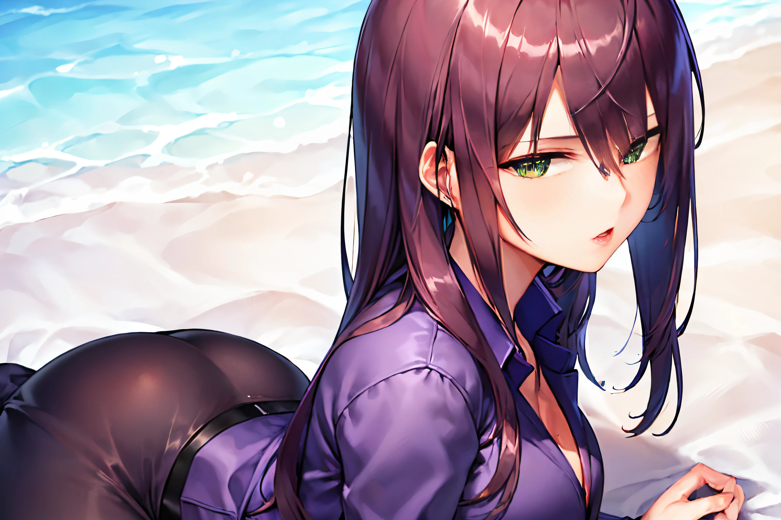 (masterpiece、top-quality,8K, High resolution, Ultra-detailed)、独奏、1girll、Look at viewers、 (purple collared shirt、Grey jacket、pencil skirts,green colored eyes)、Valletta、Lustrous skin、Shiny skin、Detailed skin、Silky skin