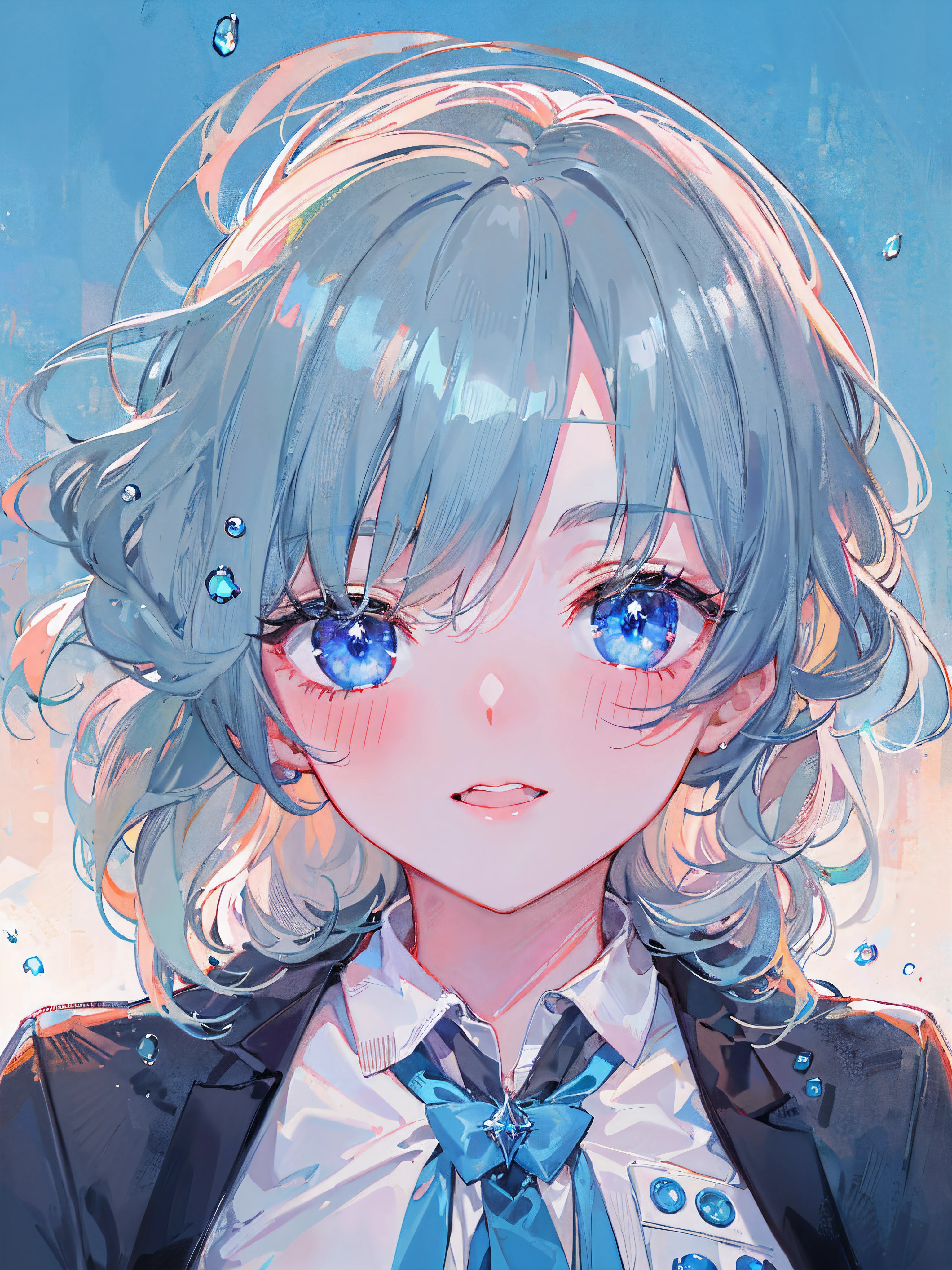 ((top-quality)), ((masterpiece)), ((ultra-detailliert)), (Extremely delicate and beautiful), girl with, 独奏, cold attitude,((Black jacket)),She is very(relax)with the(Settled down)Looks,depth of fields,Evil smile,Bubble, under the water, Air bubble,Underwater world bright light blue eyes,inner color with bright gray hair and light blue tips,,,,,,,,,,,,,,,,,,Cold background,Bob Hair - Linear Art, shortpants、knee high socks、White uniform like school uniform、Light blue ribbon ties、Clothes are sheer、Hands in pockets、Bright eyes like sapphire,Fronllesse Blue, A small blue light was floating、fantastic eyes、selfy,Self-shot
