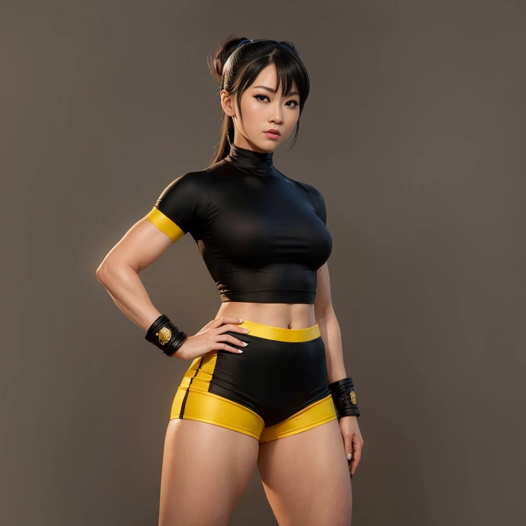 "CHUN-LI" (best quality,ultra-detalhado,Realistic:1.37),retrato,Detailed eyes and facial features, Serious expression,olhos castanhos,textura de pele delicada e suave,Corpo Perfeito