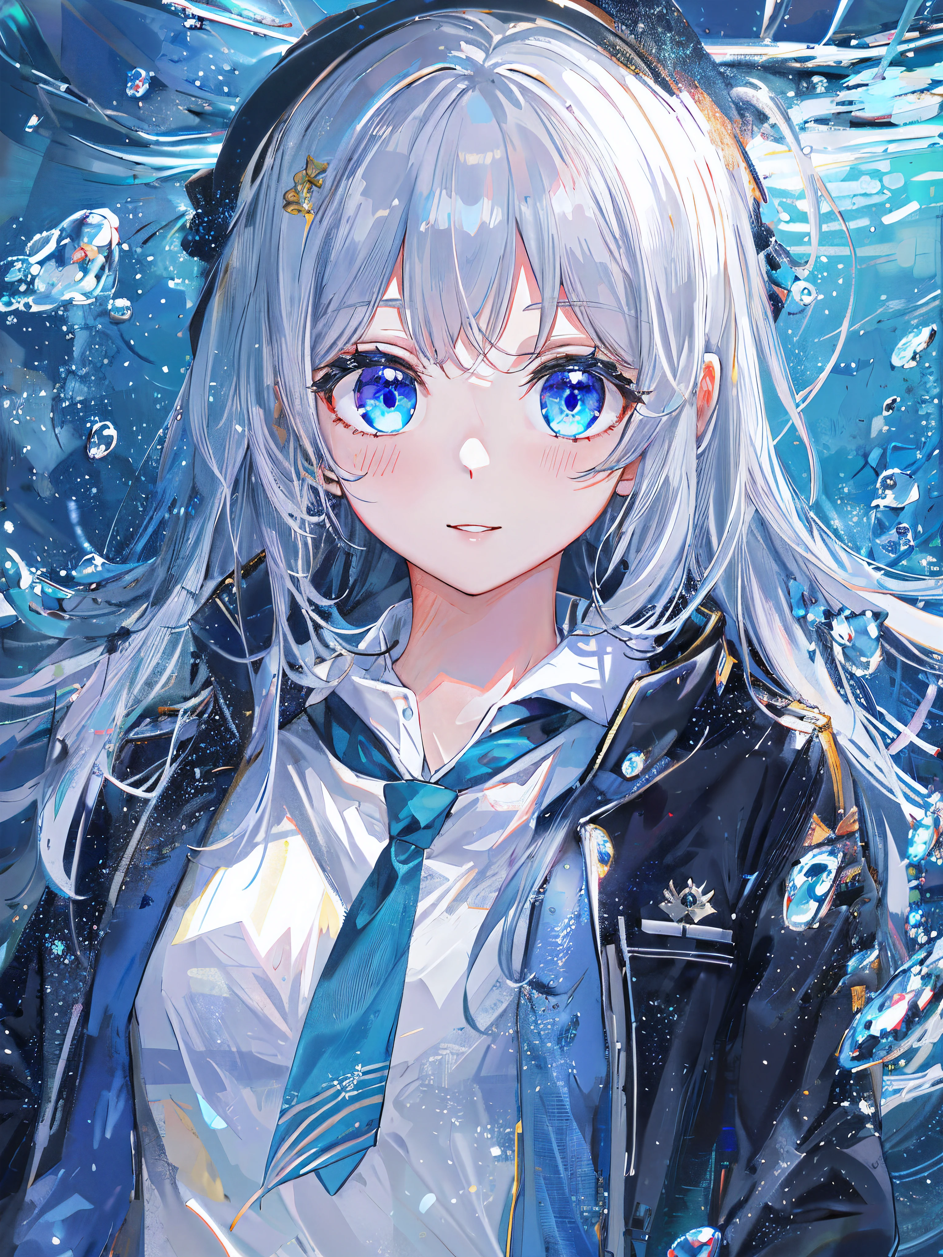 ((top-quality)), ((​masterpiece)), ((ultra-detailliert)), (Extremely delicate and beautiful), girl with, 独奏, cold attitude,((Black jacket)),She is very(relax)with  the(Settled down)Looks,depth of fields,Evil smile,Bubble, under the water, Air bubble,Underwater world bright light blue eyes,inner color with bright gray hair and light blue tips,,,,,,,,,,,,,,,,,Cold background,Bob Hair - Linear Art, shortpants、knee high socks、White uniform like school uniform、Light blue ribbon ties、Clothes are sheer、Hands in pockets、Bright eyes like sapphire,Fronllesse Blue, A small blue light was floating、fantastic eyes、selfy,Self-shot