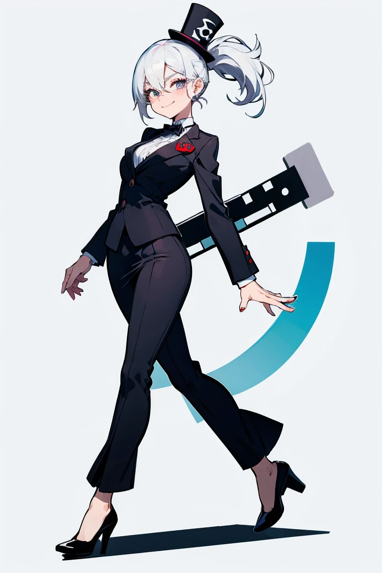 (female monopoly mascot) white hair, hair tied, smiling, chibi cartoon of a business woman (mature, adult) in a top hat and suit, tight skirt, walking_stick, monopoly, capitalist, rich, full body, game_art