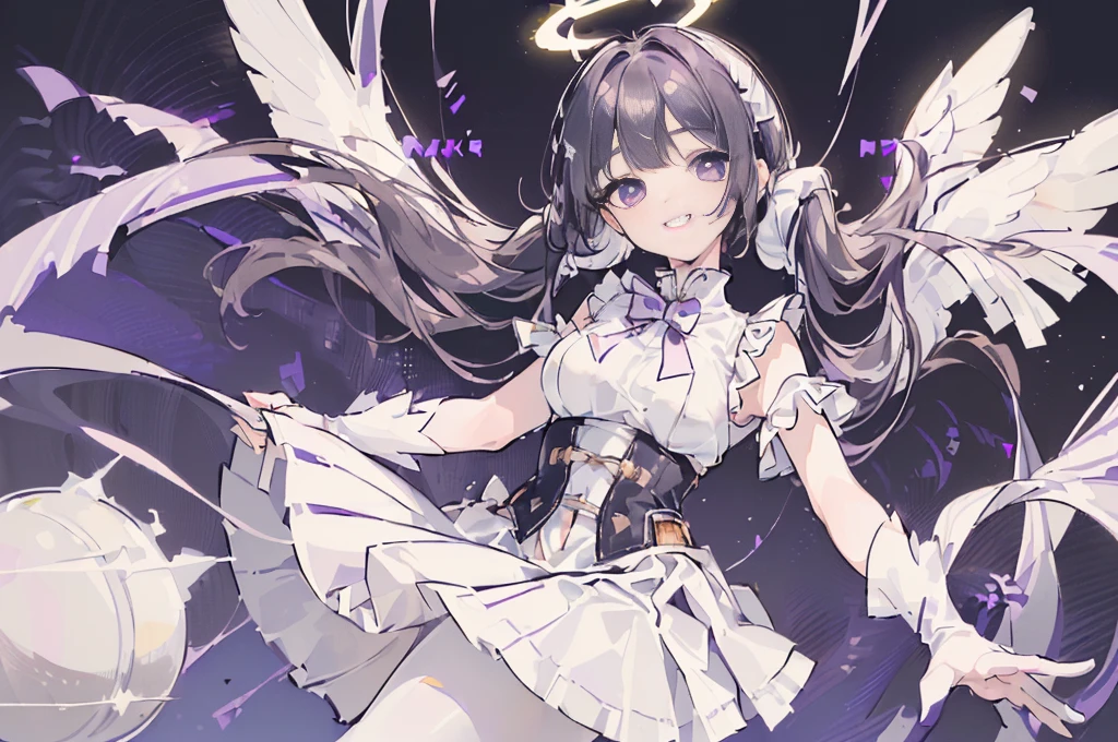 (solo, dynamic pose, bust up, flying, white skirt, white pantyhose black hair, twintails, white skirt, corset, halo, delicate face, girl, medium breast, round eyes, wing on the waist, purple eyes, god ray, smile with grin, happy:1.4)