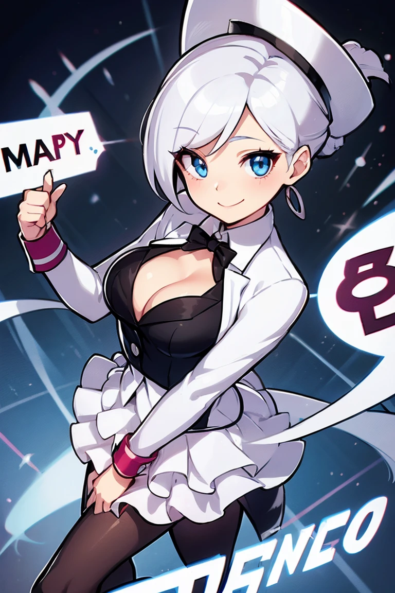(female monopoly mascot) white hair, hair tied, smiling, chibi cartoon of a business woman (mature, adult) in a top hat and suit, tight skirt, walking_stick, monopoly, capitalist, rich, full body, pantyhose, game_art