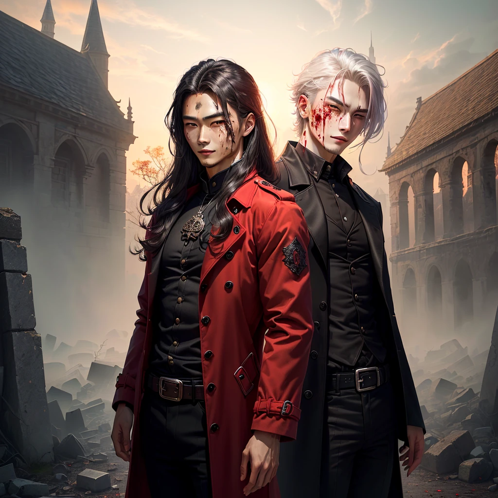 22:46:44 Yin Qi handsome, male people ,Sickly pale smile, Detailed body, Wearing a red trench coat and black shirt with blood splatters, Silvery hair,Evil charm，Full body view of ancient spooky castle in the background