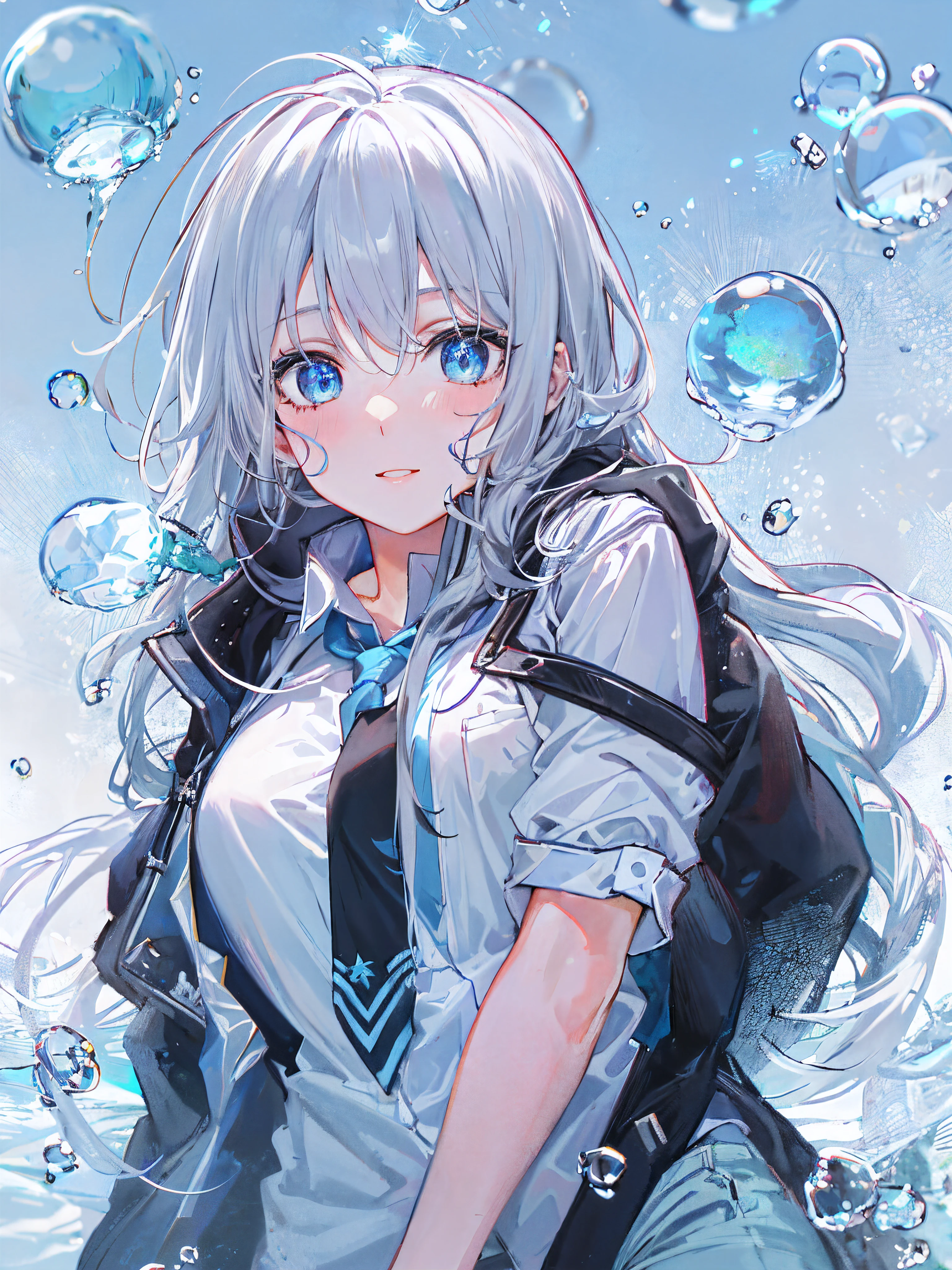 ((top-quality)), ((​masterpiece)), ((ultra-detailliert)), (Extremely delicate and beautiful), girl with, 独奏, cold attitude,((Black jacket)),She is very(relax)with  the(Settled down)Looks,depth of fields,Evil smile,Bubble, under the water, Air bubble,Underwater world bright light blue eyes,inner color with bright gray hair and light blue tips,,,,,,,,,,,,,,,,,,Cold background,Bob Hair - Linear Art, shortpants、knee high socks、White uniform like school uniform、Light blue ribbon ties、Clothes are sheer、Hands in pockets、Bright eyes like sapphire,Fronllesse Blue, A small blue light was floating、fantastic eyes、selfy,Self-shot