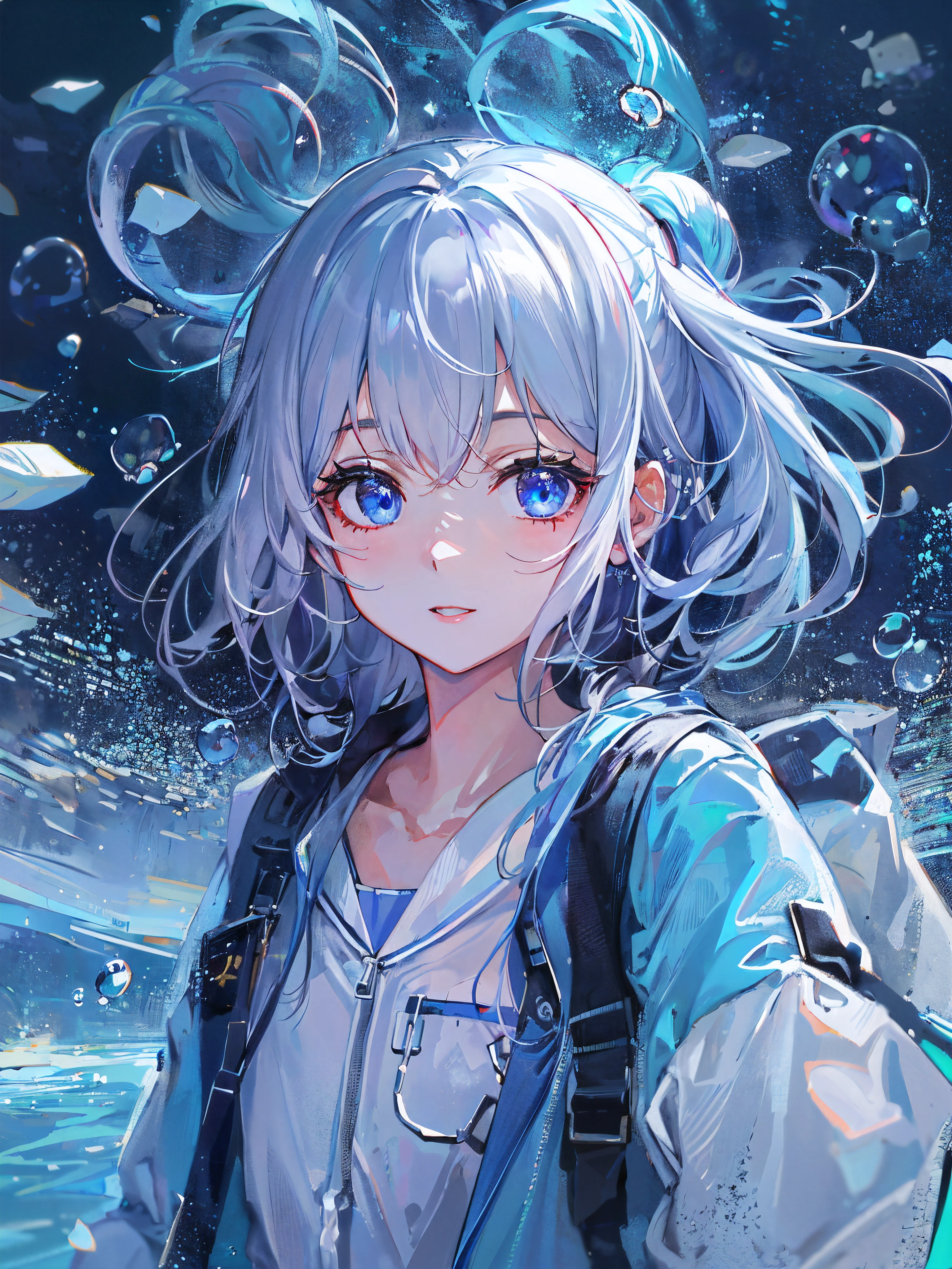 ((top-quality)), ((masterpiece)), ((ultra-detailliert)), (Extremely delicate and beautiful), girl with, 独奏, cold attitude,((Black jacket)),She is very(relax)with the(Settled down)Looks,depth of fields,Evil smile,Bubble, under the water, Air bubble,Underwater world bright light blue eyes,inner color with bright gray hair and light blue tips,,,,,,,,,,,,,,,,,,Cold background,Bob Hair - Linear Art, shortpants、knee high socks、White uniform like school uniform、Light blue ribbon ties、Clothes are sheer、Hands in pockets、Bright eyes like sapphire,Fronllesse Blue, A small blue light was floating、fantastic eyes、selfy,Self-shot