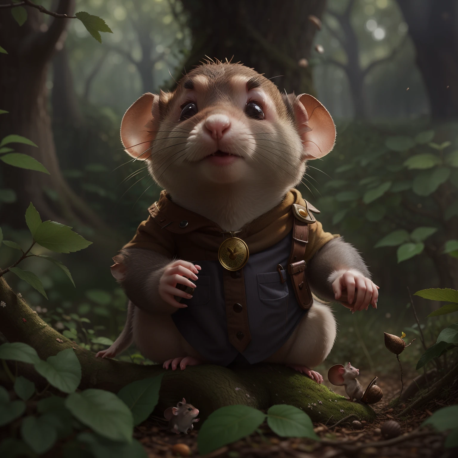 A small rat stands near an oak tree in a flower meadow, adorable digital painting, fantasy matte painting,Cute, anthropomorphic rat, Mouse guard collects acorns in a clearing, realistic fantasy render, Rendering of monkeys, Anthropomorphic mouse, anthropomorphic rat, wojtek fus, Cute forest creature, cute detailed digital art