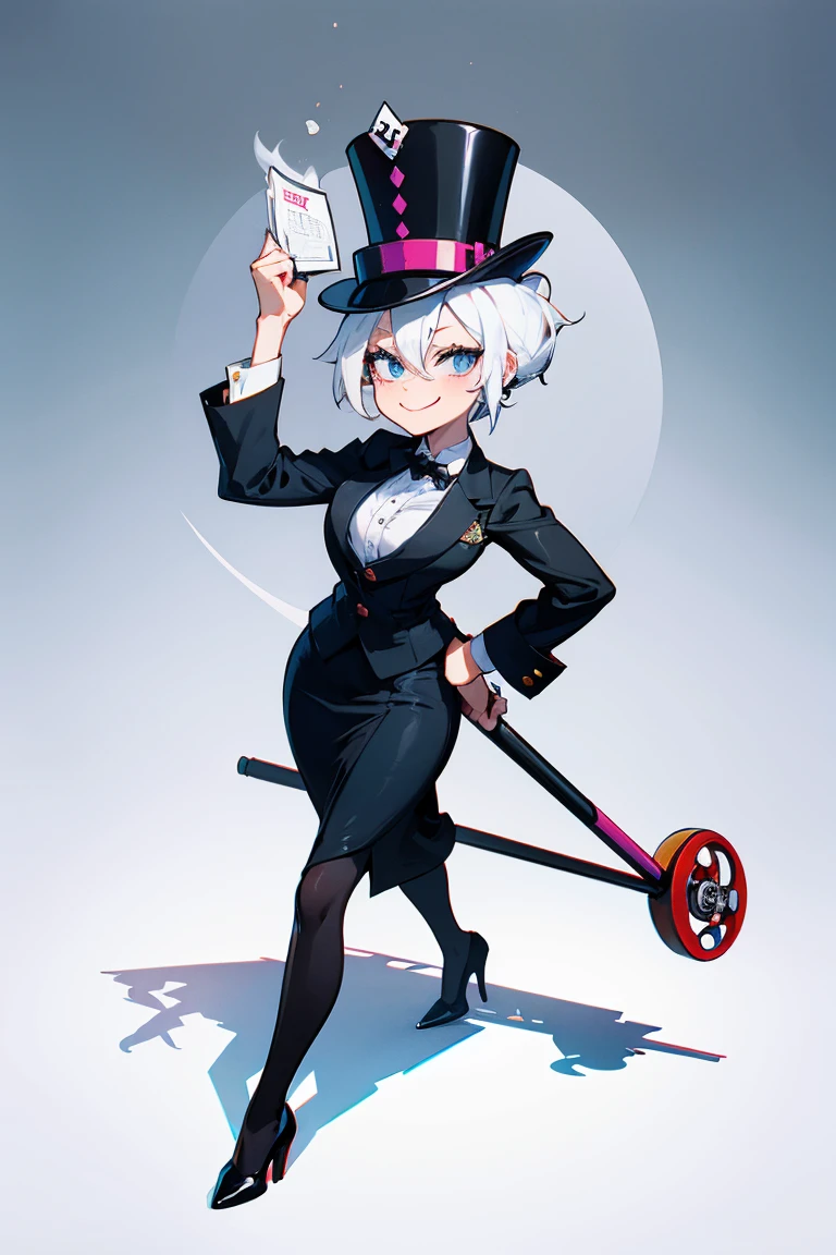 (female monopoly mascot) white hair, smiling, tiny cartoon of a business woman (mature, adult) in a top hat and suit, tight skirt, walking_stick, monopoly, capitalist, rich, full body, game_art