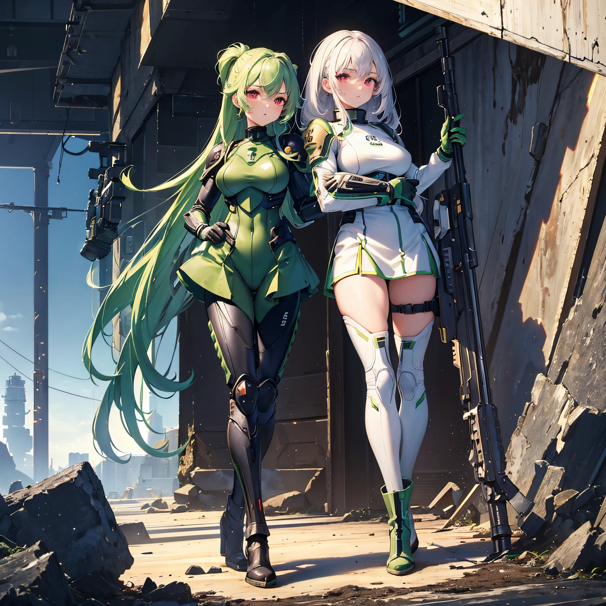(Masterpiece, best quality), (perfect athlete body: 1.2), (detailed hair), super detailed, anime style, full body, solo, Space Marine girl, wearing sea green power armor, muddy sea green twin hairstyle with red eyes, both hands hold rifles, wearing high-heeled boots, 8k high resolution, trending art station, standing in wasteland, white background, full length view,