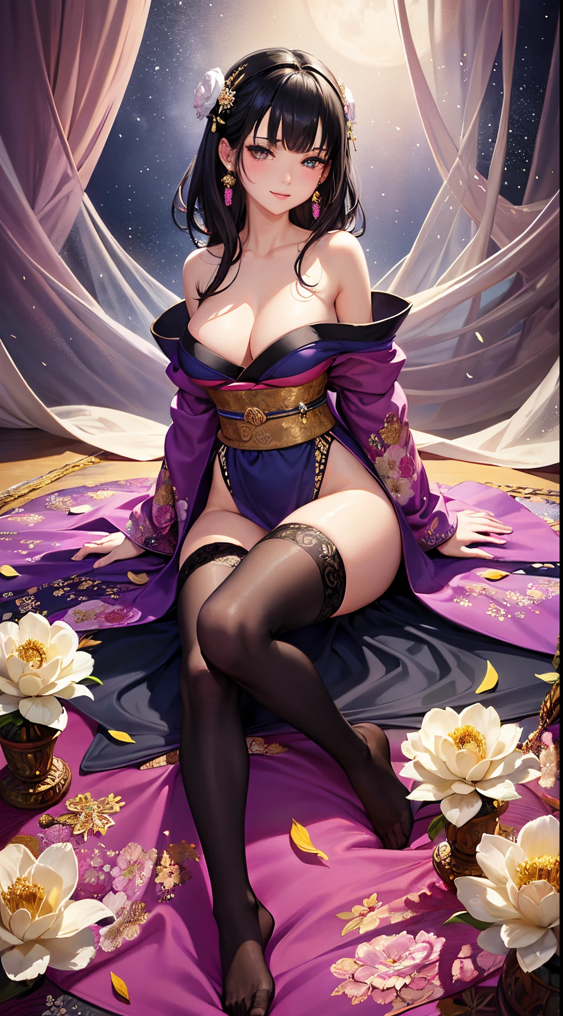 A female with small breasts, slim body, tempting body, nice bare legs, bare tights, bare arms, bare shoulders, nice cleavage, blunt bangs, black hair, silk bed, silk mattress, soft bed, silk, moonlighting, night, flowers hair piece, feathers, particles, light rays, (1girl:1.3), extremely detailed, (fractal art:1.1), (colorful:1.1), (flowers:1.3), (masterpiece, top quality, best quality, official art, beautiful and aesthetic:1.2), highest detailed, (seiza), (hand on side), (curtain background:1.3), (shiny skin), (many colors:1.4), (earrings:1.4), (tight kimono:1.2), sexy eyes, innocent, smile, sweet, beautiful, attractive body, gorgeous, pink blush, waiting, want something, secretly.