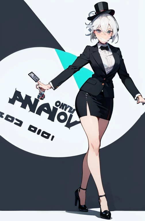 (female monopoly mascot) white hair, hair tied, smiling, cartoon of a business woman (mature, adult) in a top hat and suit, tight skirt, walking_stick, monopoly, capitalist, rich, full body, game_art