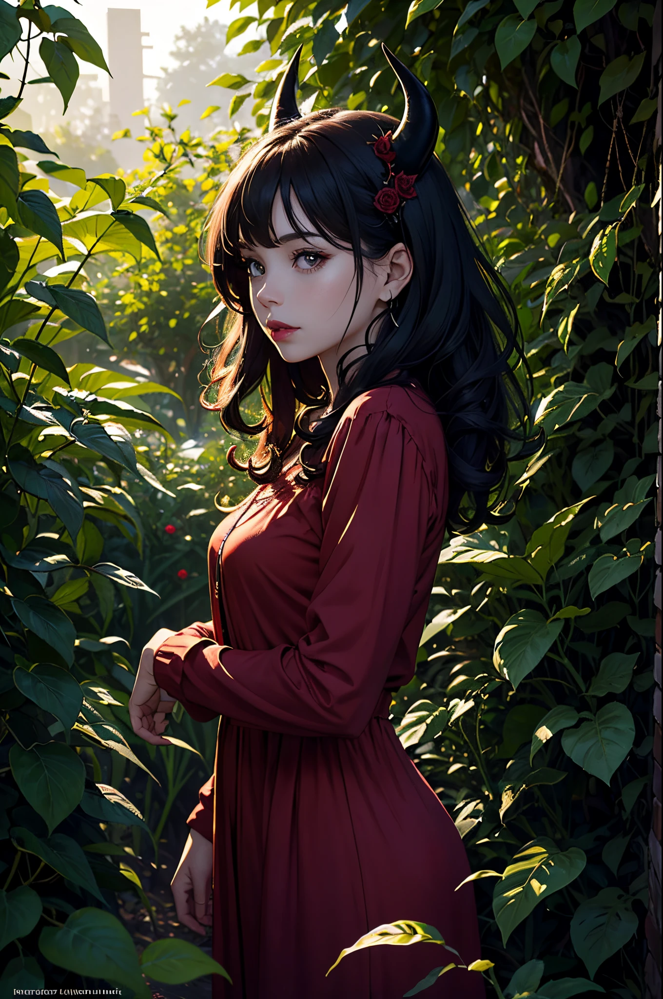 (a)girl,(a)portrait,(best quality,4k,8k,highres,masterpiece:1.2),ultra-detailed,(realistic,photorealistic,photo-realistic:1.37),cute face,red lips,hazel eyes,long black lashes,curly hair with devil horns,bright red devil tail,dark red wings,playful smile,innocent look,flowing red dress,standing in a mystic garden with black roses and thorny vines,soft golden sunlight filtering through dense foliage,dramatic shadows,contrasting colors,vibrant and saturated palette,hauntingly beautiful atmosphere