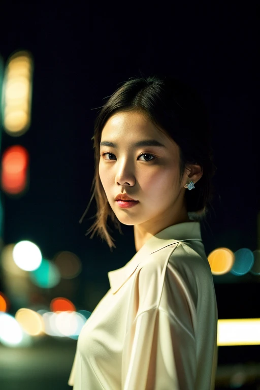((best quality)), ((masterpiece)), (Cinematic Aesthetic:1.4) Photo of a beautiful korean fashion model bokeh city night