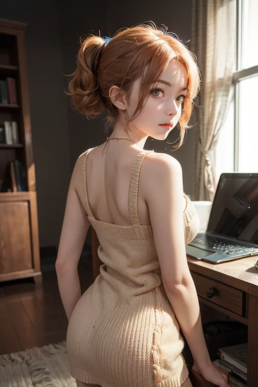 (((masutepiece:1.4, Best Quality)), (1girl in), (Perfect Anatomy), BREAK, Cute Girl, (hair messy), (Light orange eyes), Small breasts, facing,beige short knit、Rear view、Turn your face