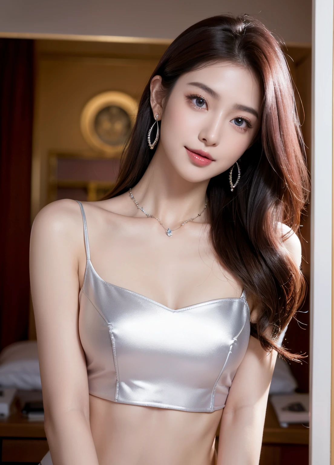 (Female, 22 years old), (Medium breasts:1.3), navel, hotels room、 ((Grab the viewer's hand)), (master piece: 1.3), (max resolution: 1.4), (UltraHD: 1.2), cinematric light, UltraHD, (Detailed eyes and skin), (detailed facial features), nffsw, 8K分辨率, Perfect Style, Beautiful expression、Highly detailed facial and skin texture、A detailed eye、二重まぶた、Glitter Eyeliner:1.2、(eyeshadows:1.3)、thin cheeks、(fair white skin:1.3)、shiny earrings shoulder length ,Red Rouge:1.2、shiny lip:1.2、((FULL BODYSHOT:1.2))、((From a very intimate distance:1.2))、((Silk red hangbuk))、high-heels、(Layered Hair Style、dark pink hair)、medium-Long hair、(Very affectionate smile:1.2), show navel, front view, long necklace with blue pearl, blue eyes, belly chains