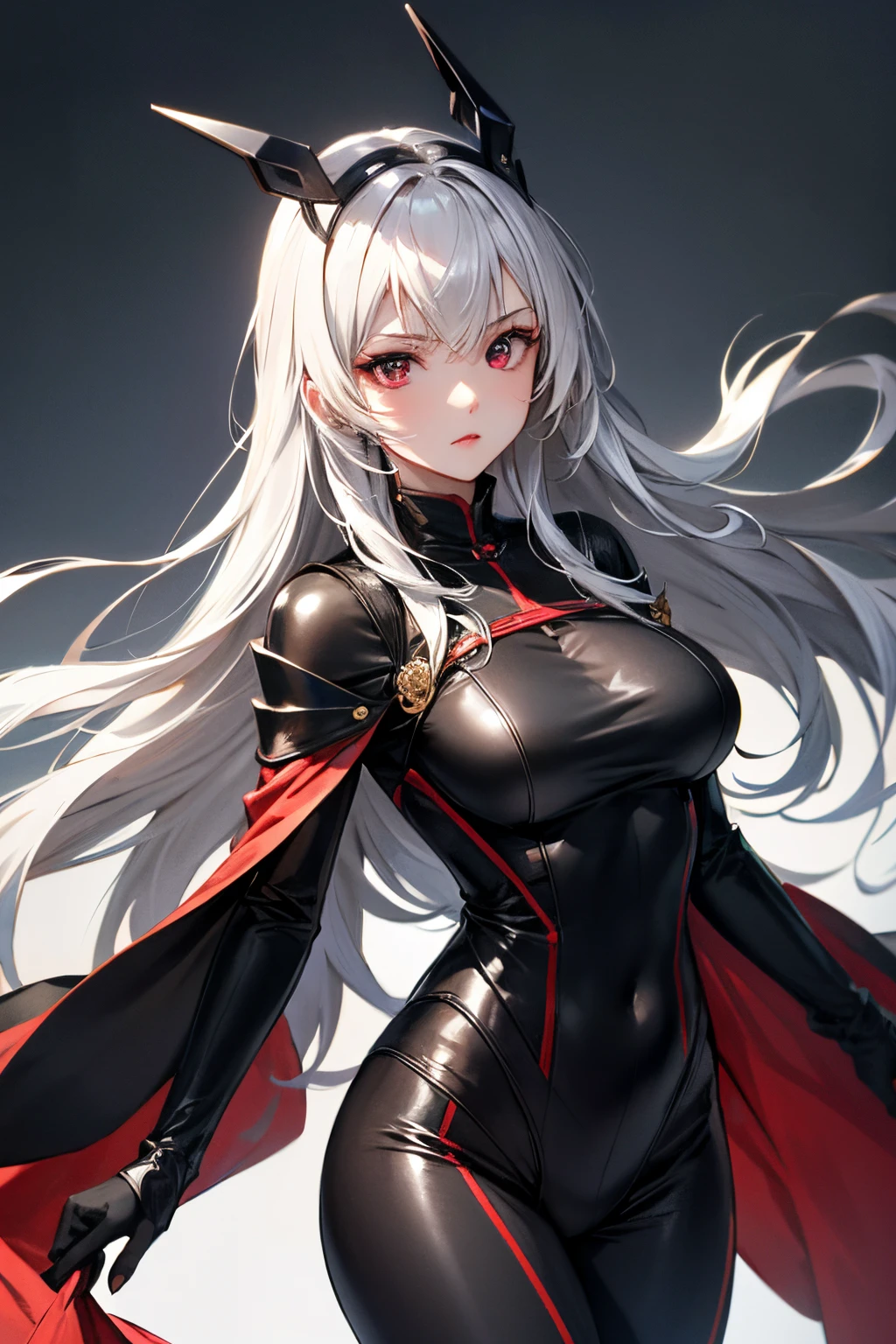 A woman in a black and red outfit with horns and a cape - SeaArt AI