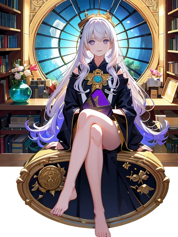 [(Transparent background:1.5)::5],(((masutepiece))),(((Best Quality))),(((Extremely detailed))),Illustration, 1girll,Solo,Mysterious,vivd colour,shiny, Underwater transparent sealed hemispherical glass dome, (White hair),(Purple eyes), full body Esbian,Barefoot,Long hair is gentle and natural, Koi,under the water, dome,Dynamic Actions,Lens perspective,(((Box configuration))),Sitting cross-legged，Leaning against the bookshelf, voluminetric lighting, multi-color eyes, Detailed eyes, ultra - detailed,lightsmile, Highly detailed, Beautiful, small detailed, ultra-detailliert, Best Quality, Convoluted, 4K, 8K, trending on artstationh, Good anatomy, Beautiful lighting, Award-winning,