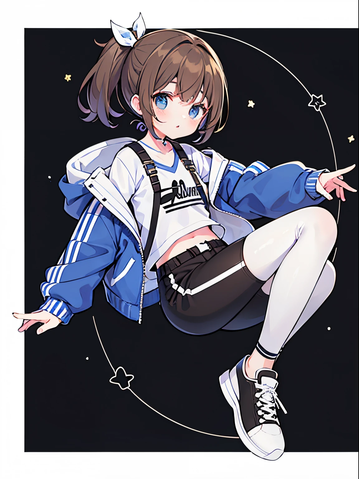 A  girl，brown side ponytail，eBlue eyes，punk jacket，punky style，girl，shorter pants，As estrelas，Full body lesbian，athletic sneakers，blackstockings，punky style，〈White background 1::5〉，face expressionless，（（（Brown hair））），Cold，Handsome，（Hand in pocket），Star background