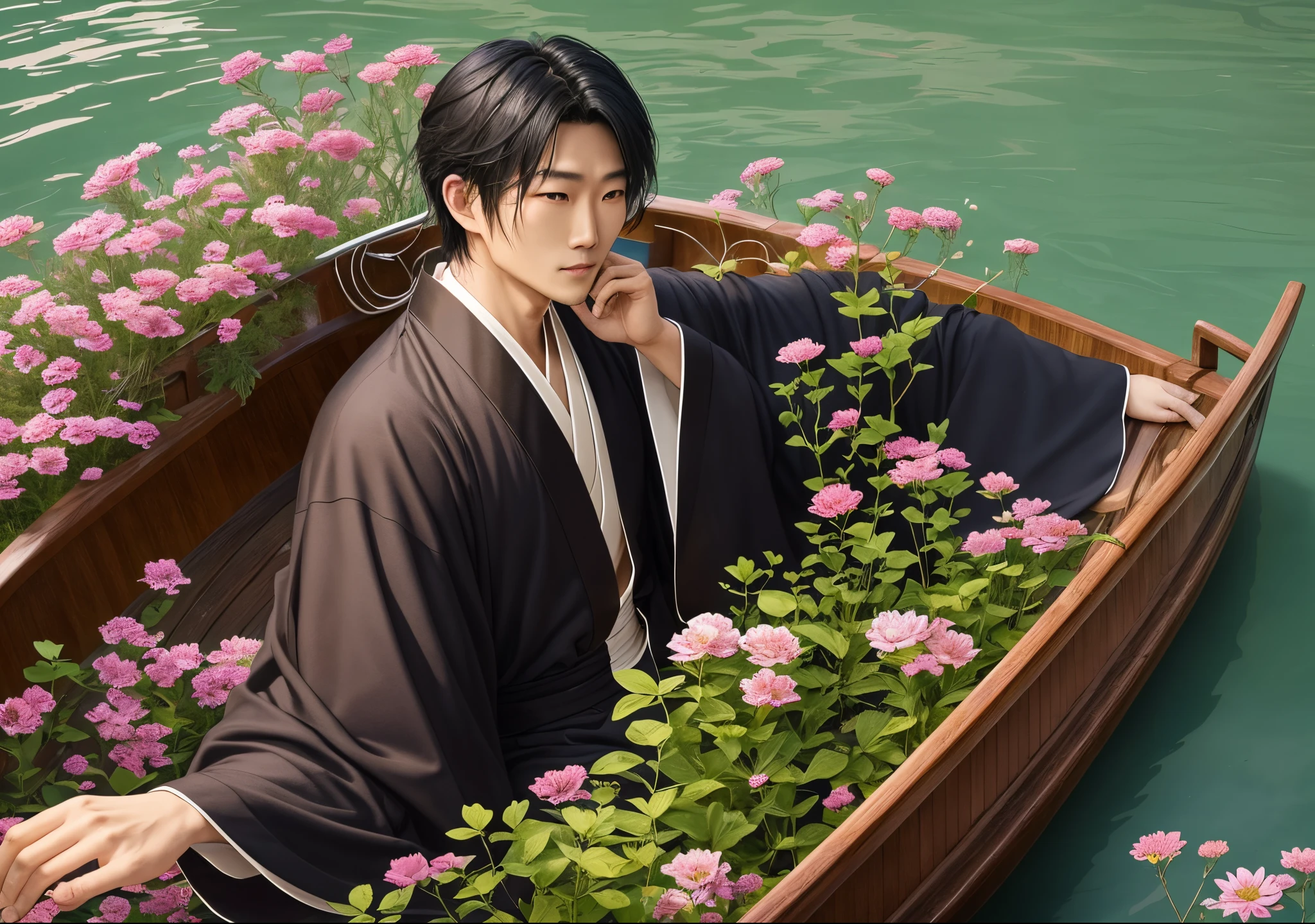 The flowers are abundant by the riverbank. There is a Chinese handsome man lying on a small boat. The boat is floating on the river. The man's hair is black and long, wearing a write Chinese robe and with a wine decanter in the man's hand. --auto --s2