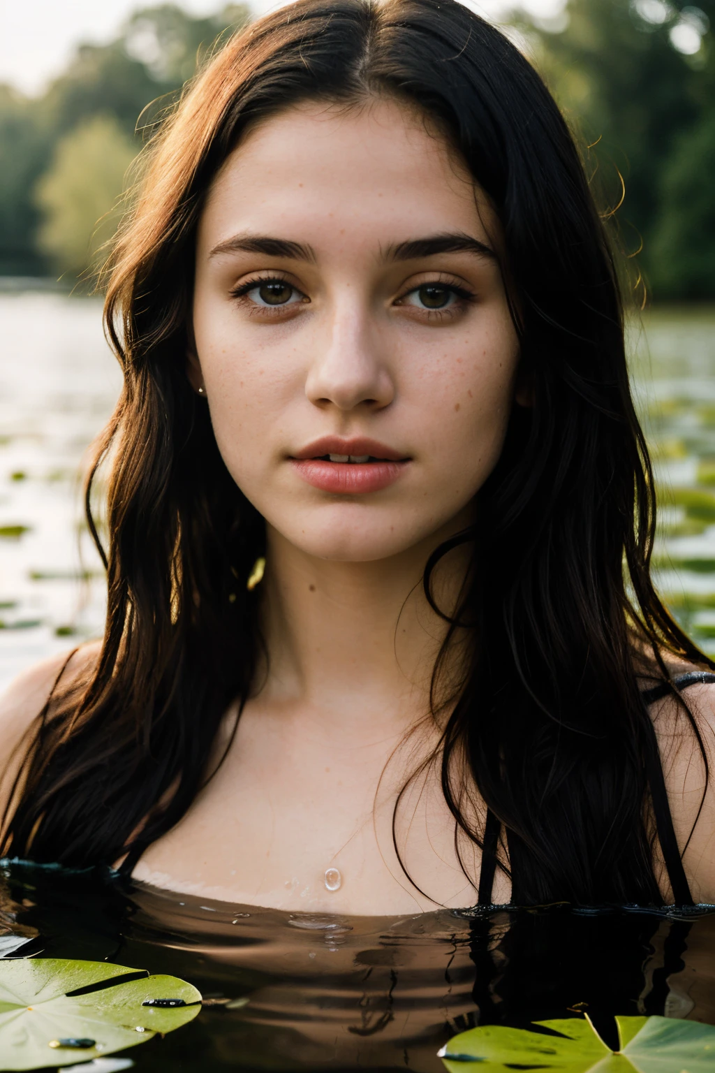 photo of caucasian 22-year-old woman half submerged in a pond, lot of lily pads, dark hair, wet hair, 35mm look, dramatic light, sun rays, symmetrical face, symmetrical eyes, high resolution eyes, ((best quality)), ((masterpiece)), (detailed), perfect face