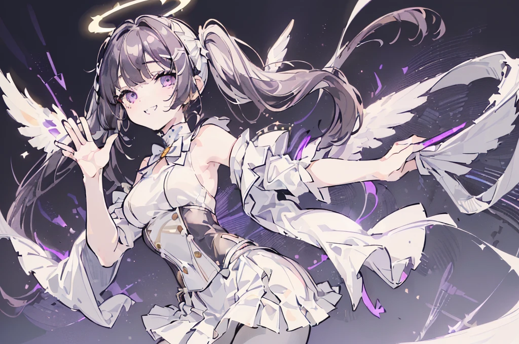 (solo, dynamic pose, bust up, flying, white skirt, white pantyhose black hair, twintails, white skirt, corset, halo, delicate face, , medium breast, round eyes, wing on the waist, purple eyes, god ray, smile with grin, happy:1.4)